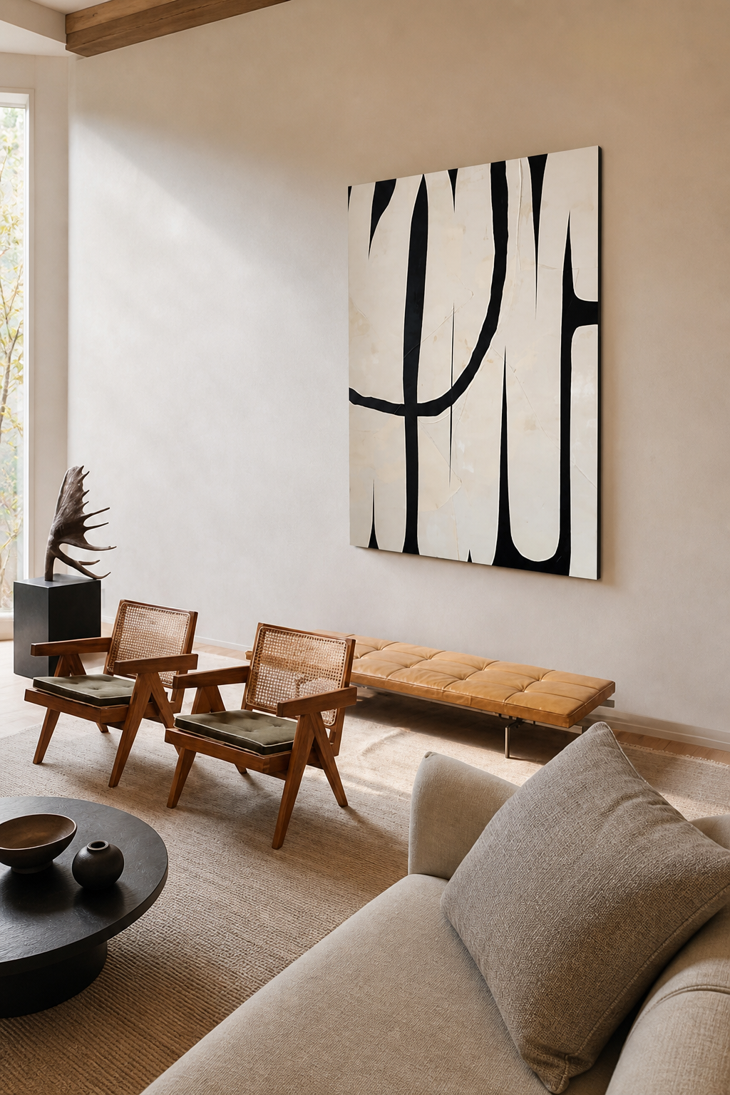 Grey and black minimalist wall art above a modern living room sofa