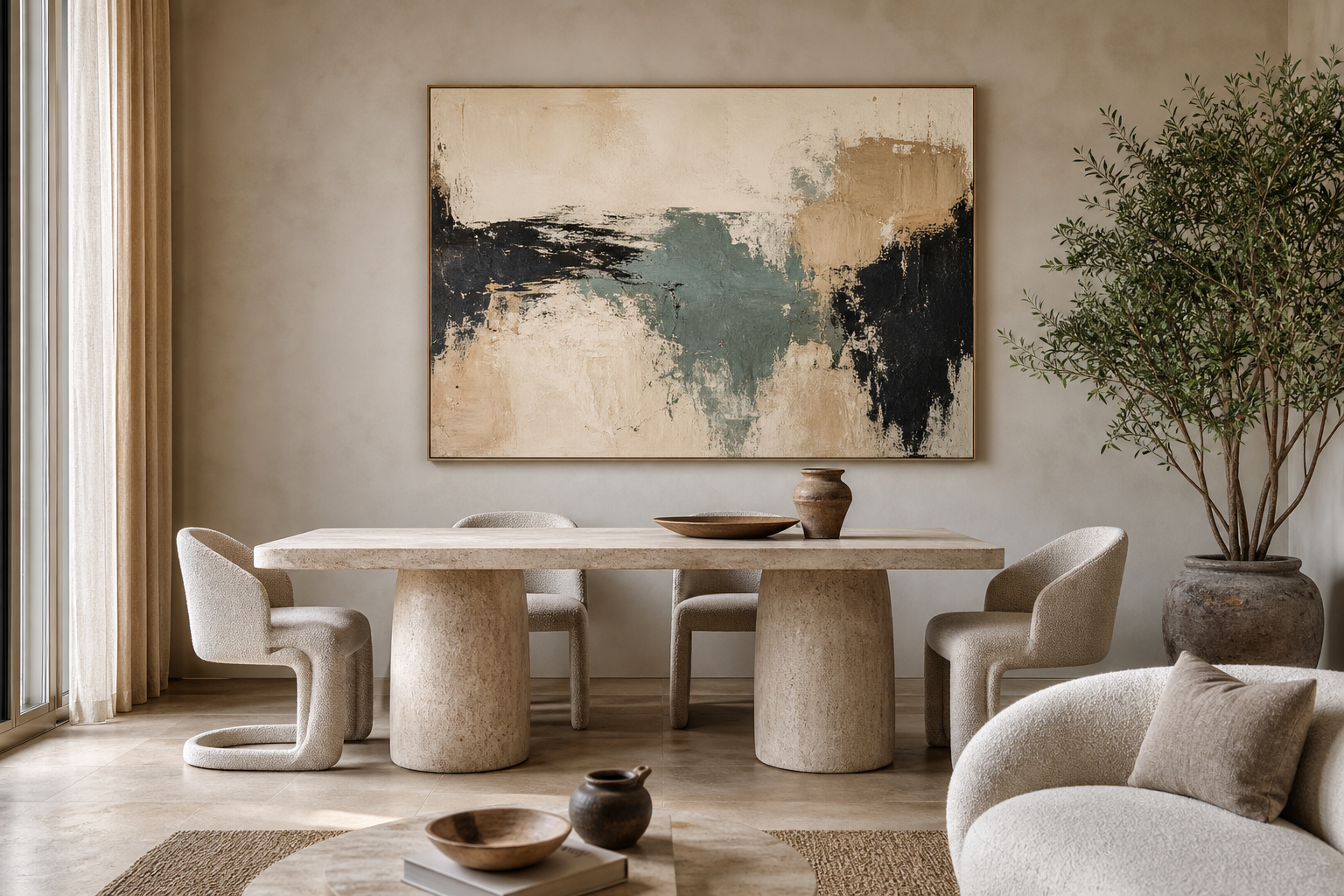Modern dining room styled with abstract wall art