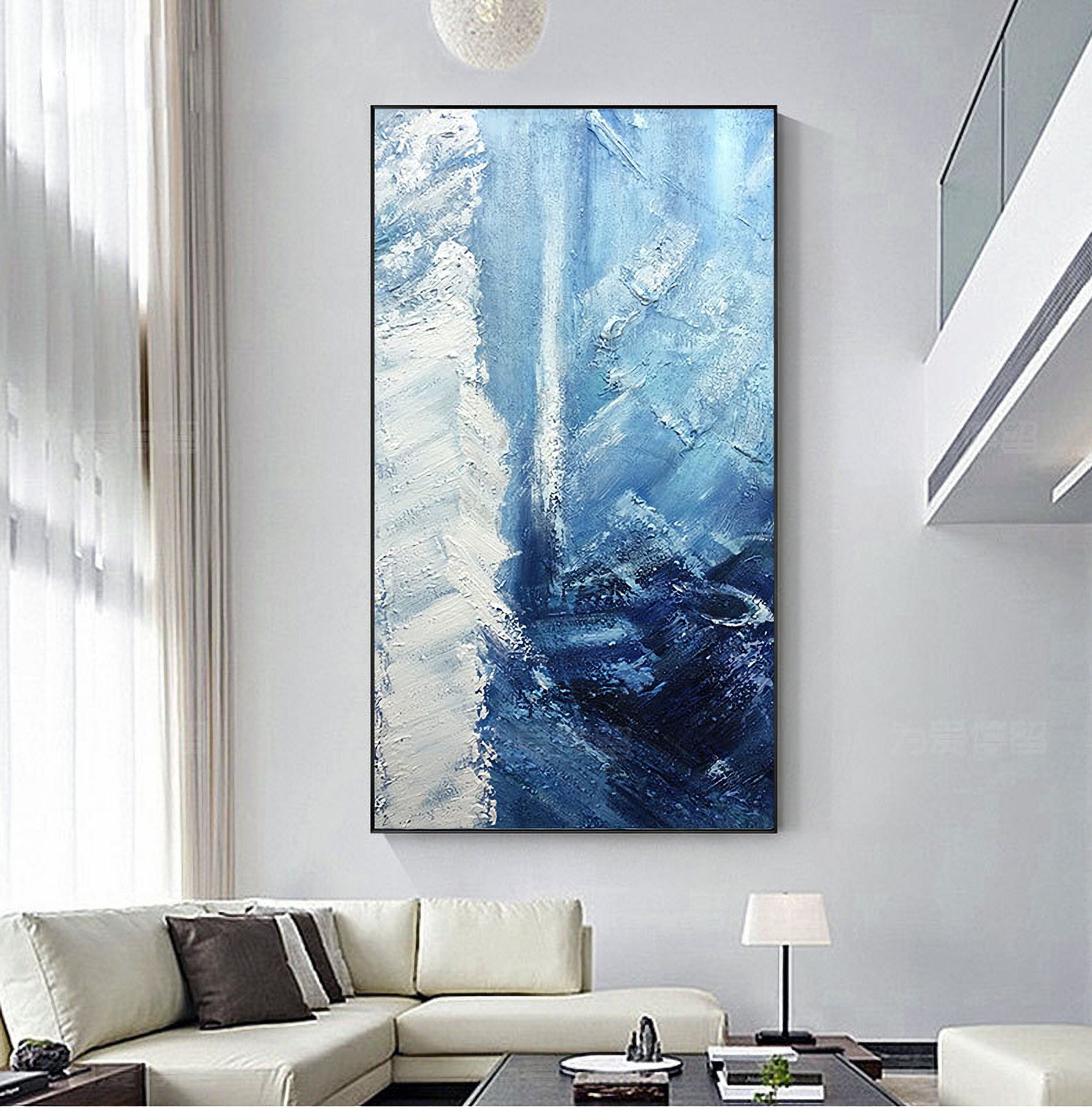 Blue Abstract Painting on Canvas, Large Abstract Painting, Original Acrylic Painting, 24x48inches