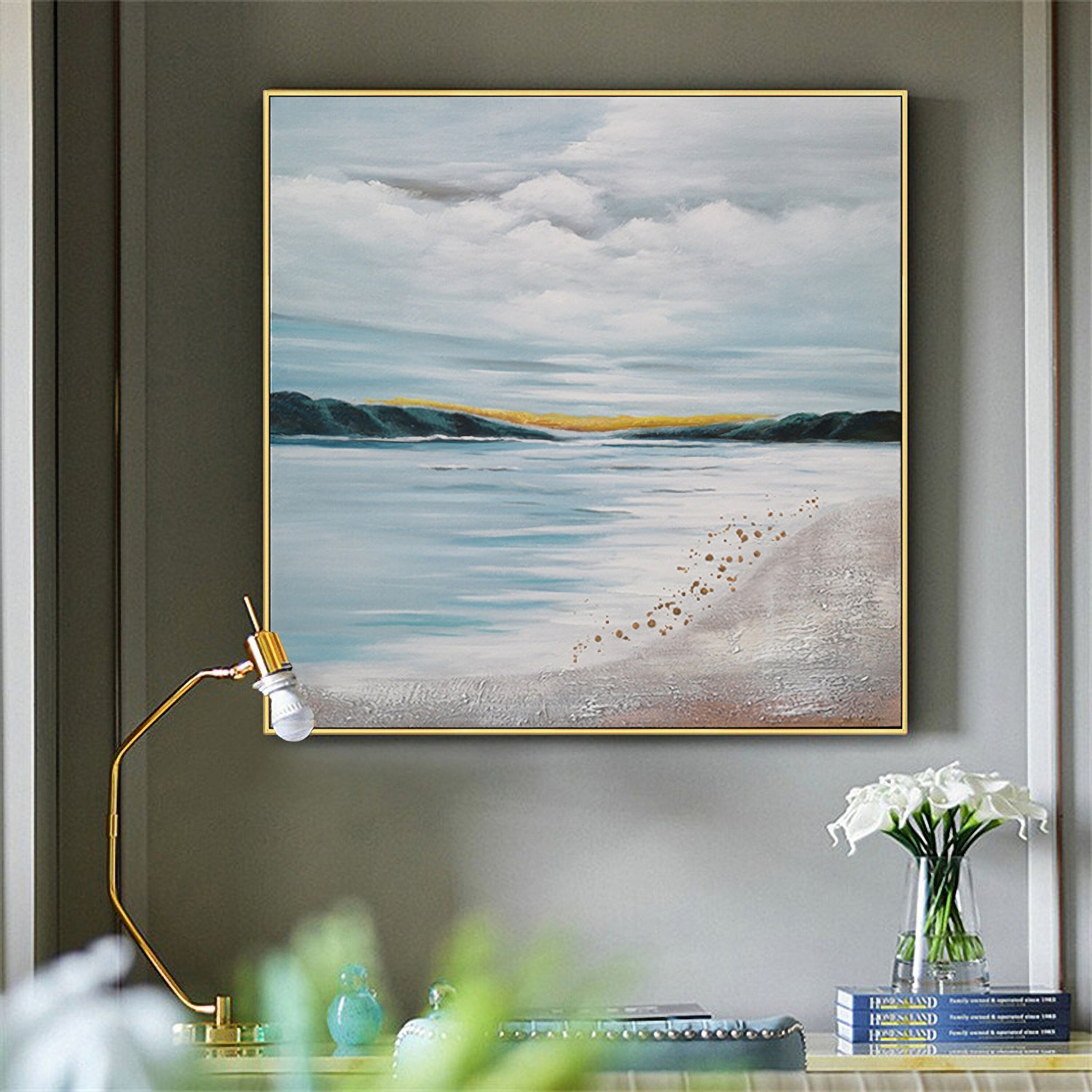 Ocean Wall Art Abstract Beach Painting, Coastal Wall Decor, Blue Seascape Painting for Living Room, Canvas Painting