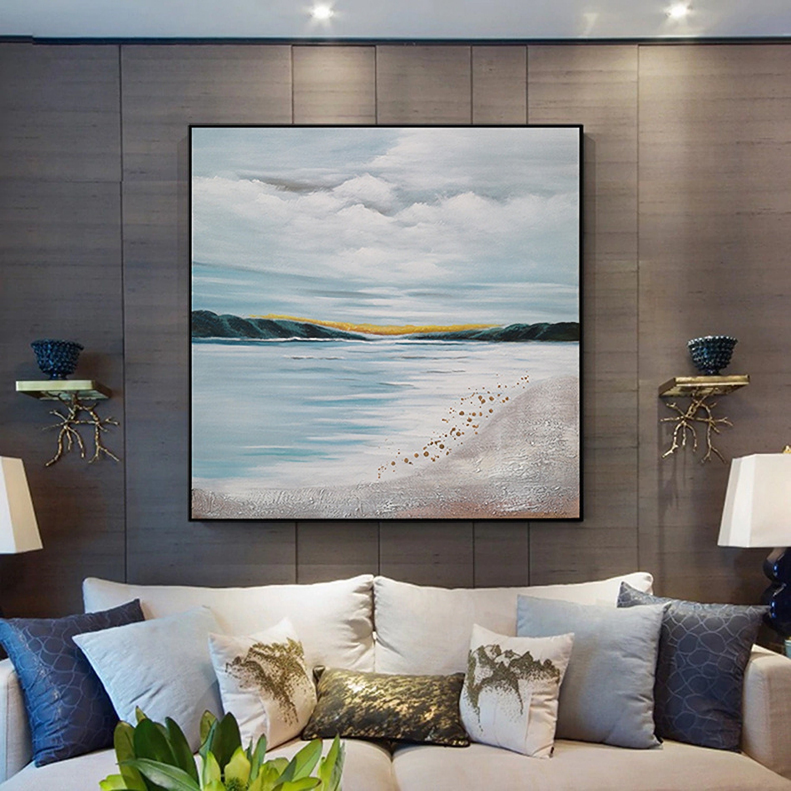 Ocean Wall Art Abstract Beach Painting, Coastal Wall Decor, Blue Seascape Painting for Living Room, Canvas Painting