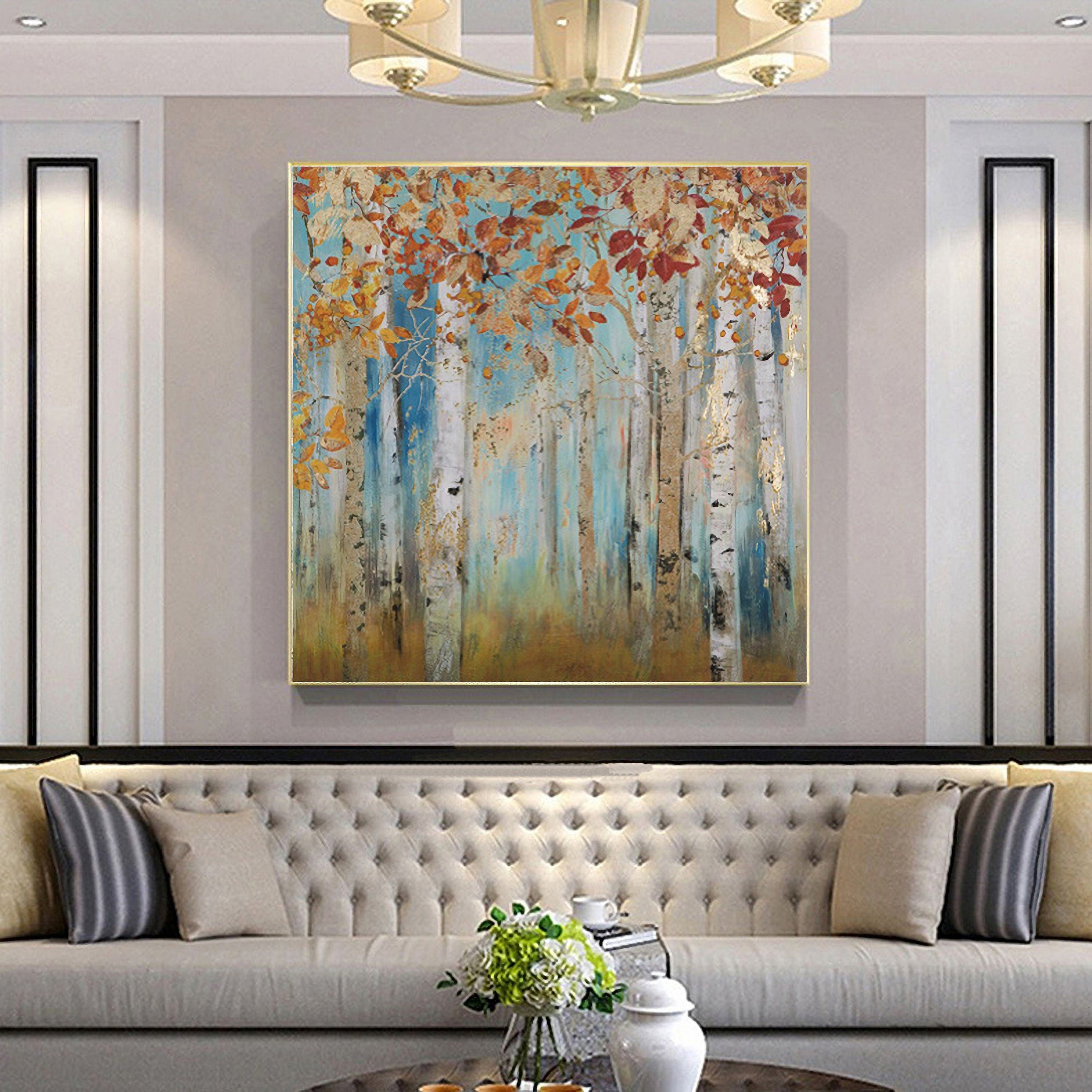 Abstract Landscape Canvas Artwork Painting: Yellow Birch Trees Painting Gold Foil Wall Art Painting on Canvas for Bedroom