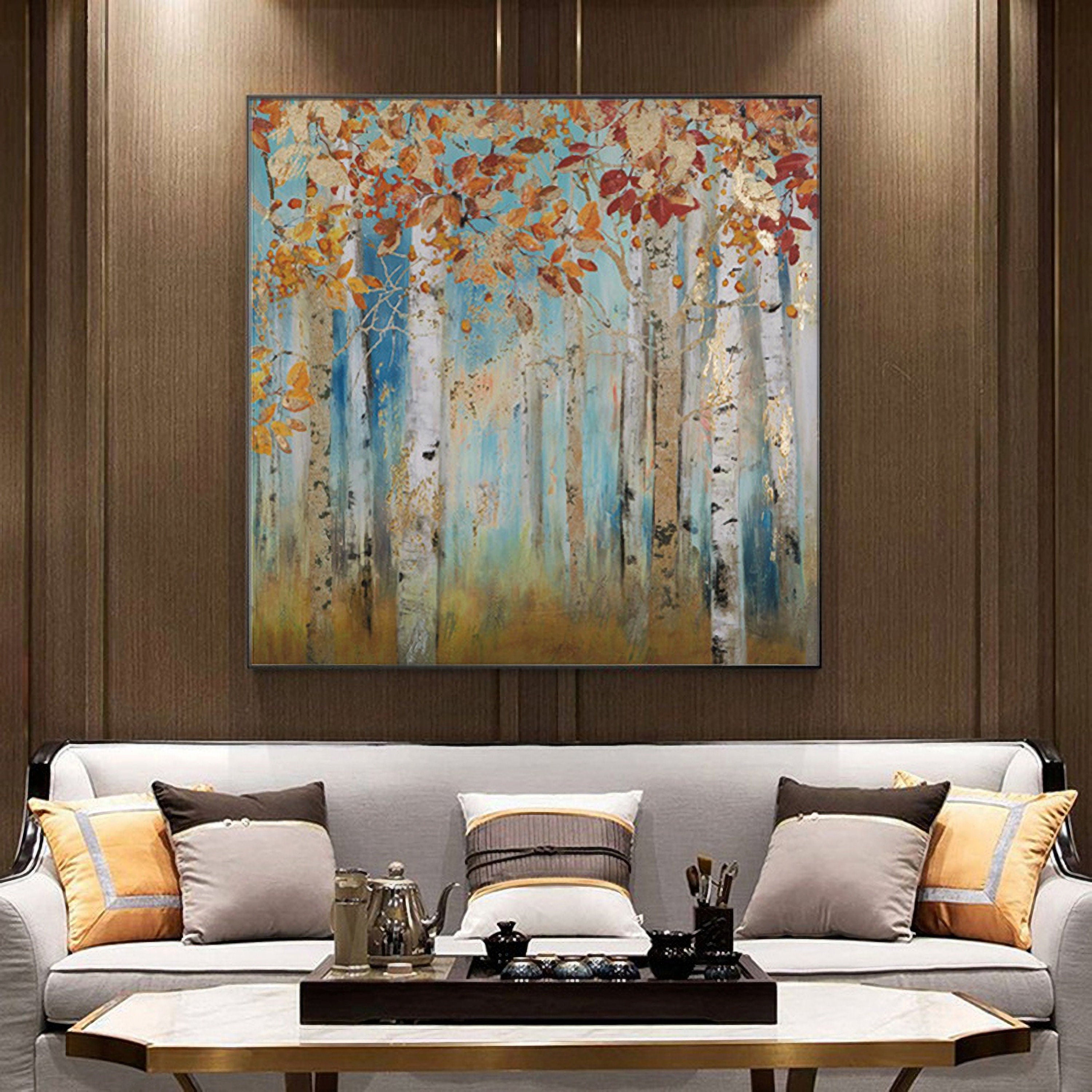 Abstract Landscape Canvas Artwork Painting: Yellow Birch Trees Painting Gold Foil Wall Art Painting on Canvas for Bedroom