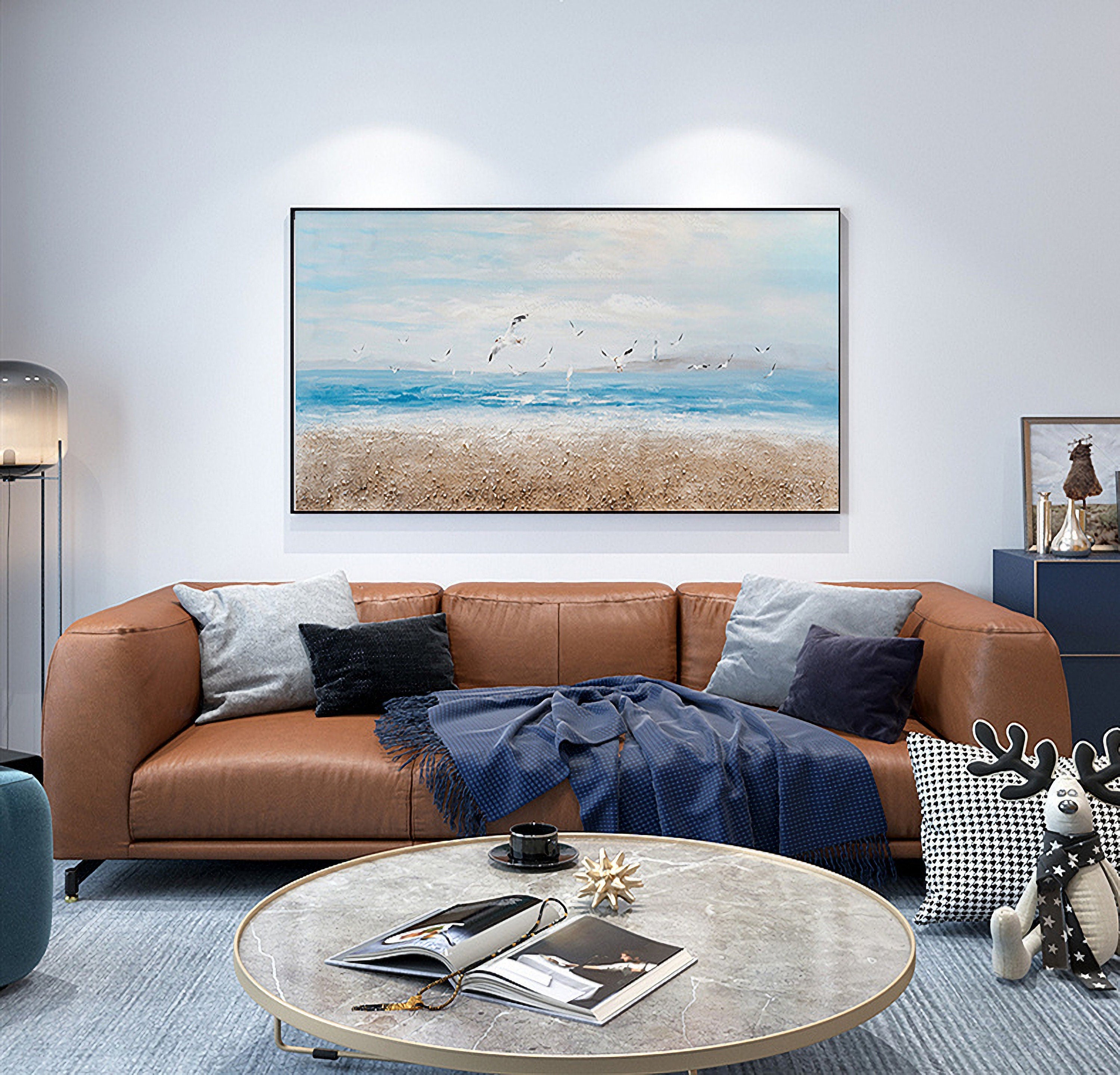 Abstract Ocean Artwork Coastal Picture: Beach Painting Sea Birds Wall Art Painting on Canvas for Office Living Room