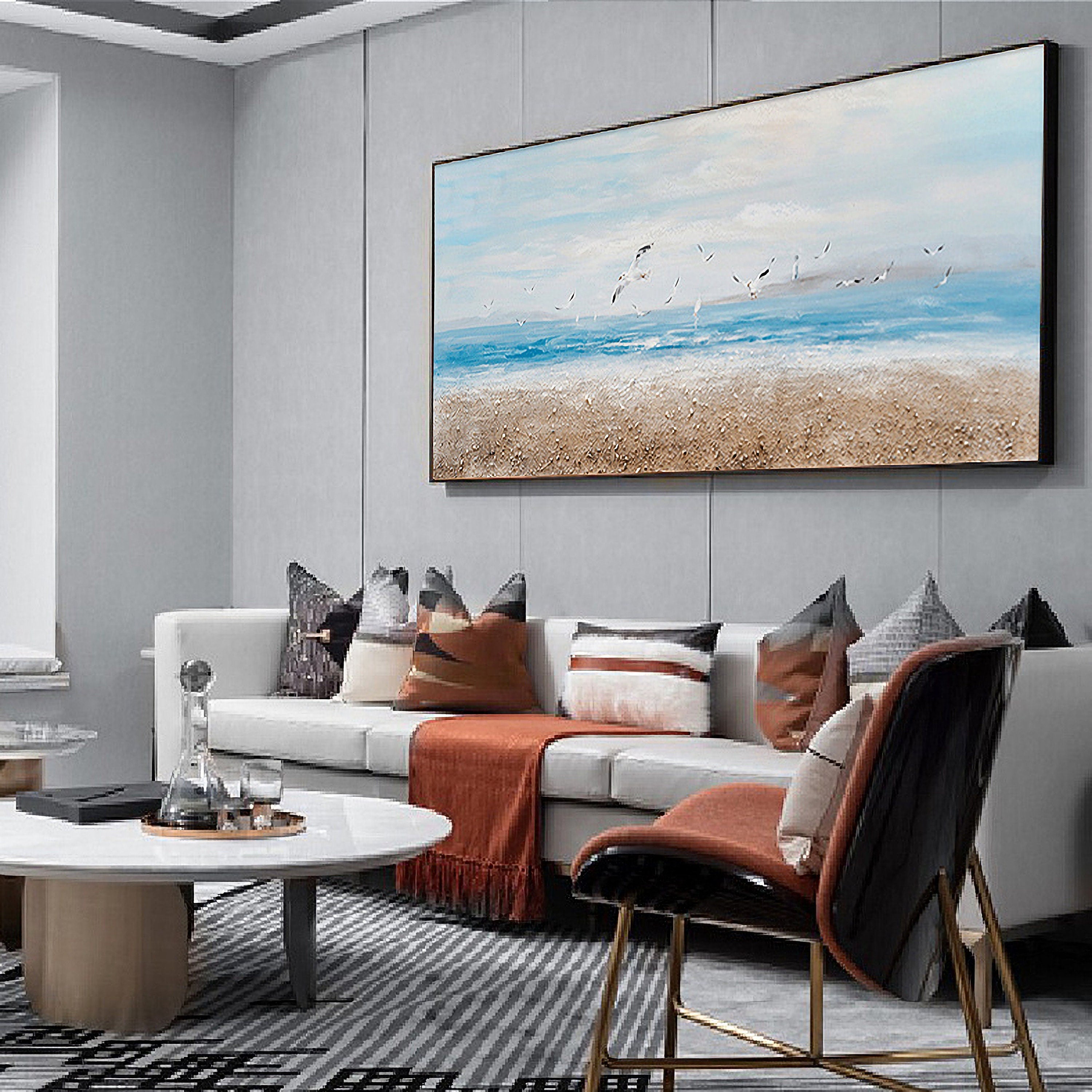 Abstract Ocean Artwork Coastal Picture: Beach Painting Sea Birds Wall Art Painting on Canvas for Office Living Room