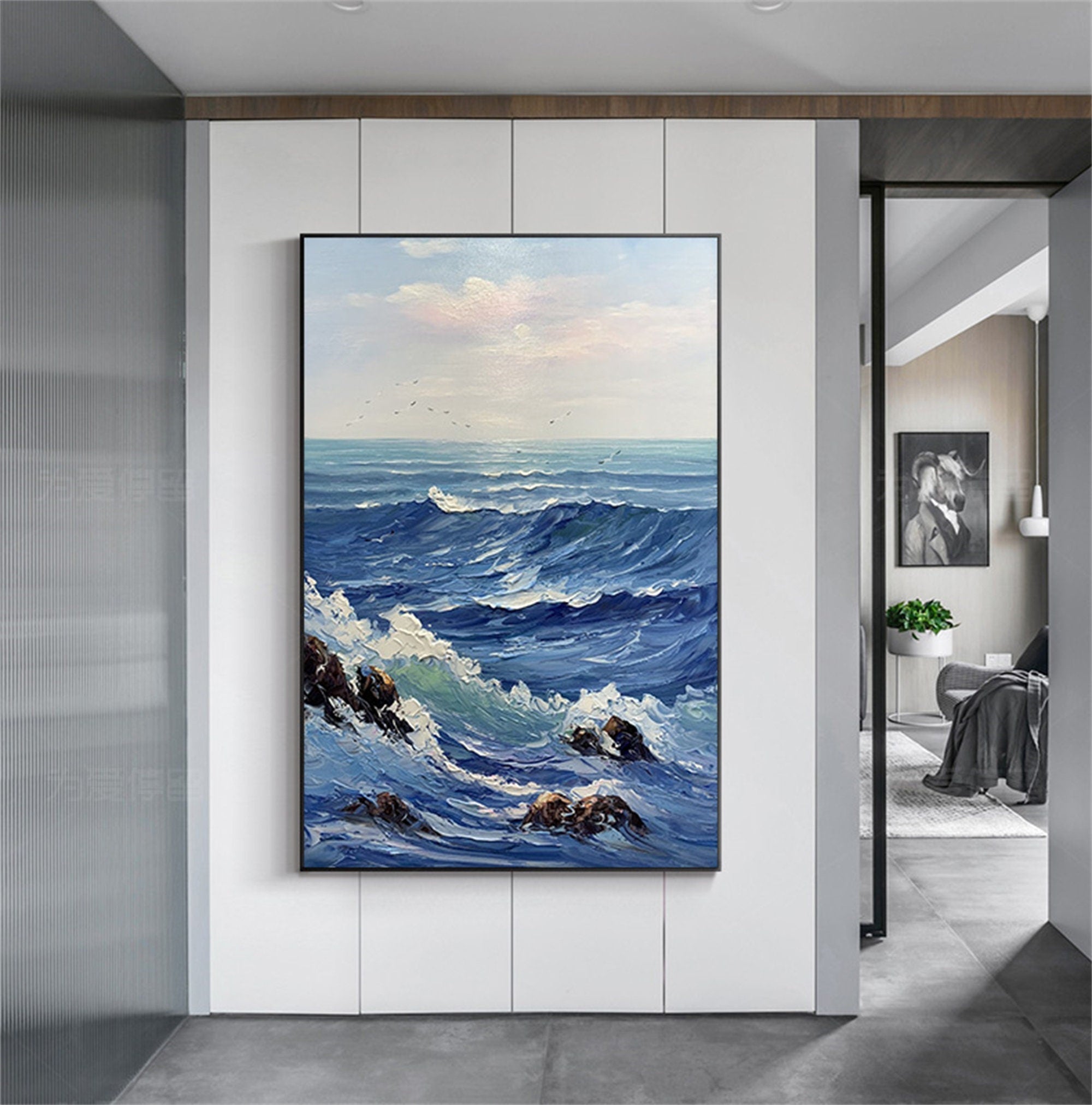 Pure hand-painted oil painting, sea mural, huge wave landscape, sunrise decorative painting, porch vertical plate hanging…