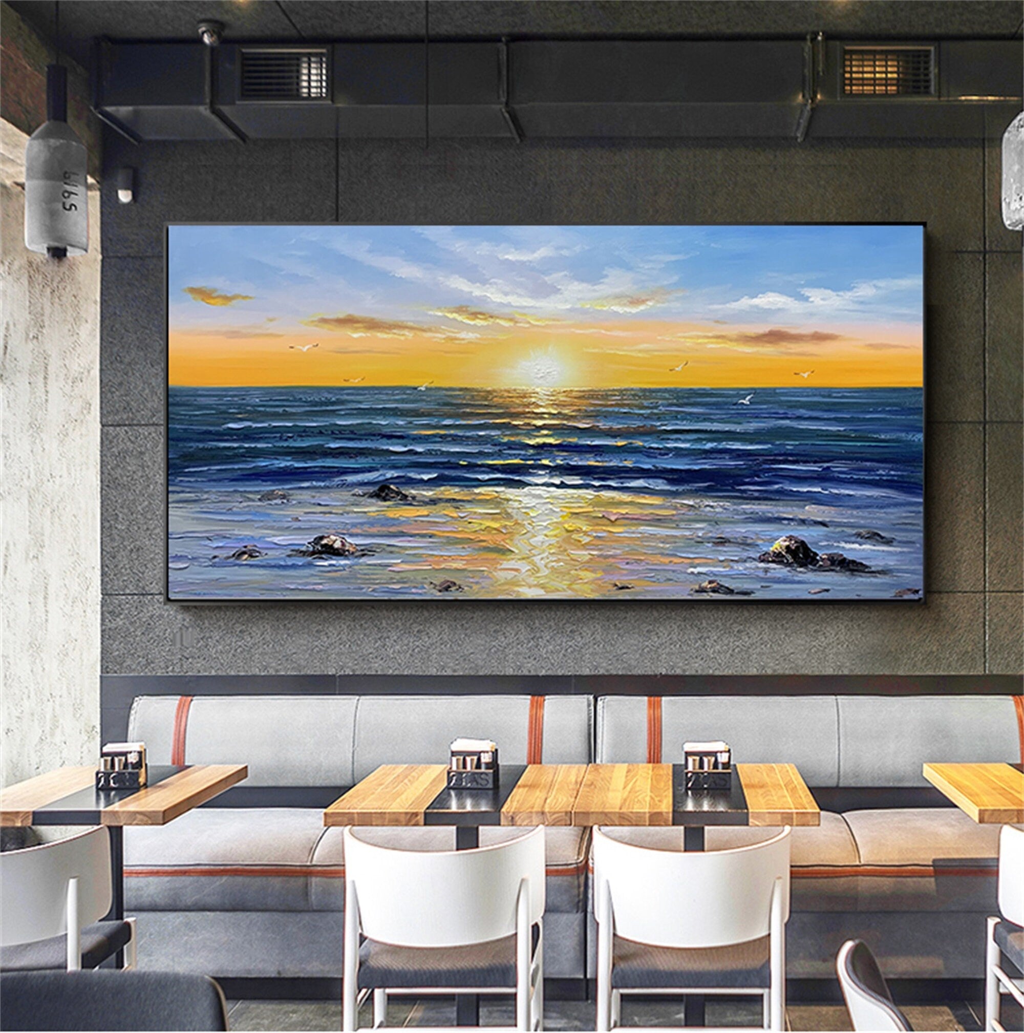 Pure hand-painted oil painting living room horizontal plate hanging painting sea landscape mural Rising Sun Dongsheng…