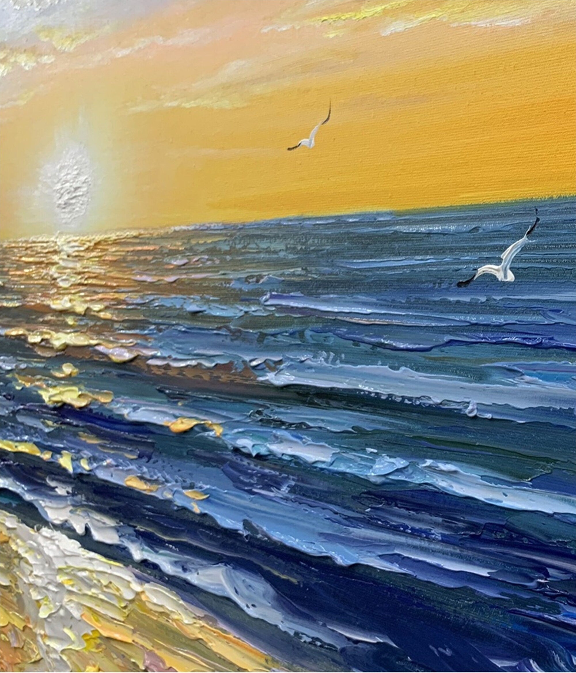 Pure hand-painted oil painting living room horizontal plate hanging painting sea landscape mural Rising Sun Dongsheng…