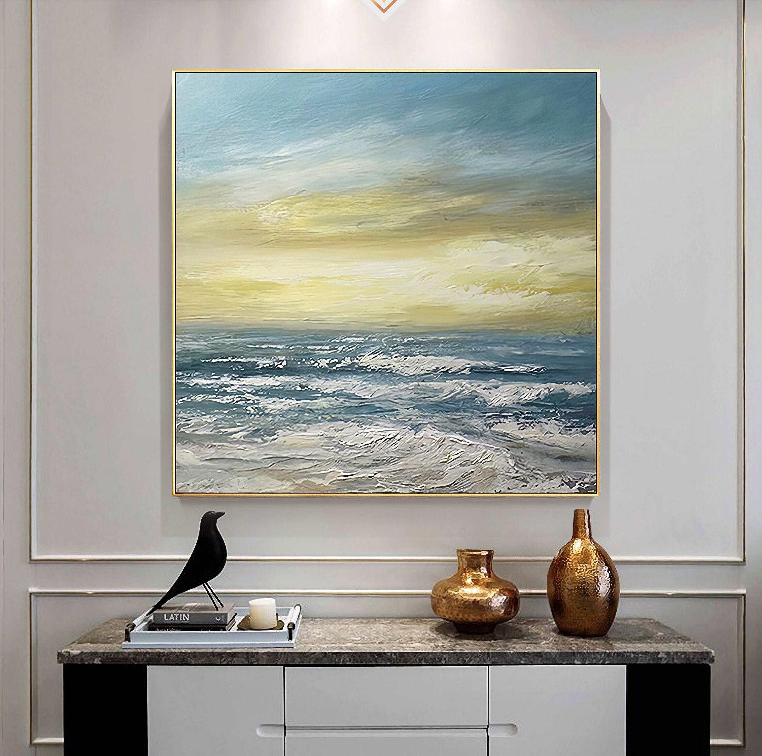 Ocean Wave Canvas Wall Art: Seascape Sunset Artwork Painting on Canvas for Bedroom (24'' x 24'')
