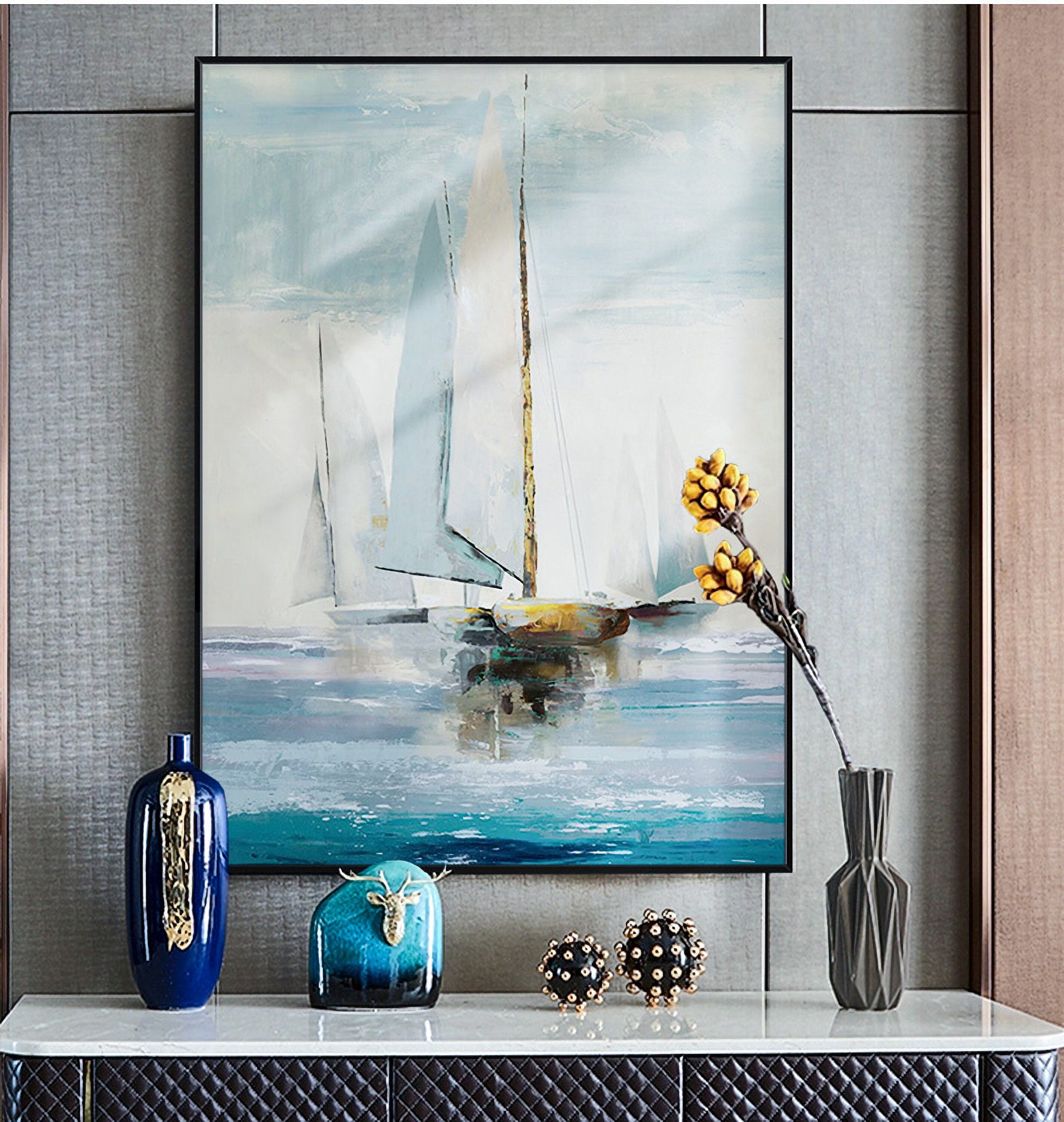 Sailing Boat In Ocean Painting Canvas Nautical Wall Art Unframed Modern Picture Hanging For Office Living Room artwork 20*28…