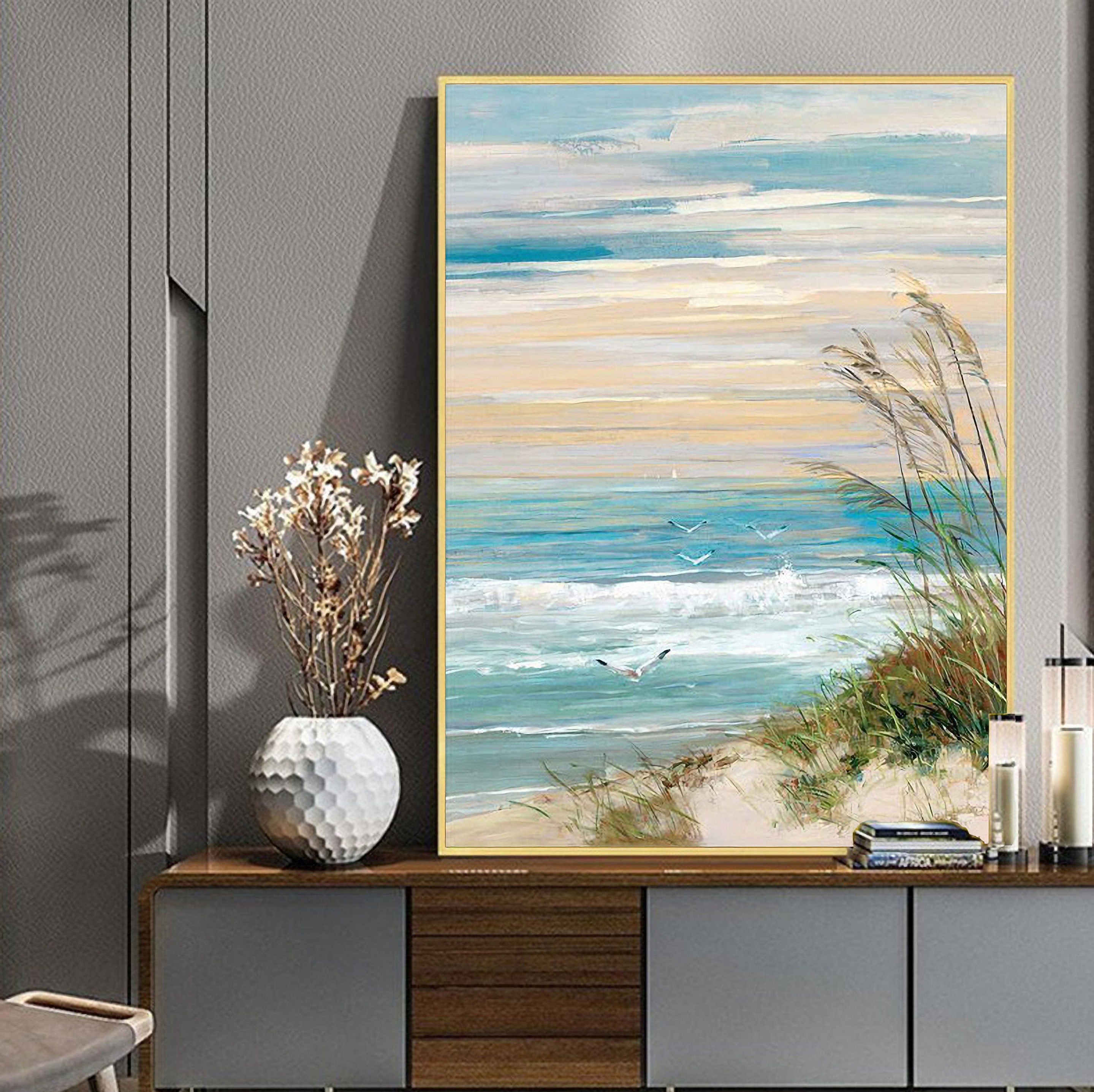 Abstract Beach Canvas Wall Art: Seashore Grasses Artwork Painting Seascape Painting for Walls