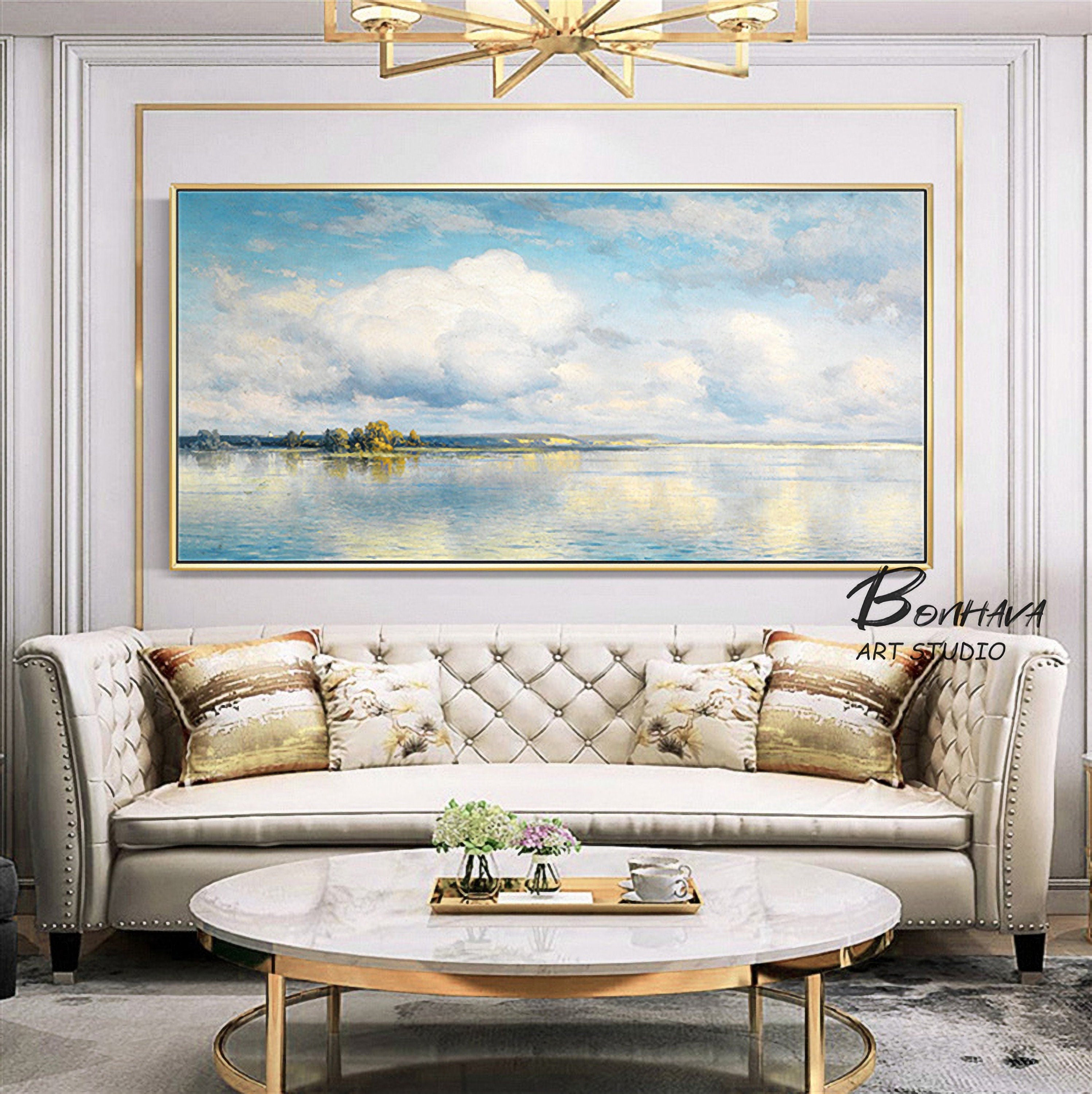 Abstract Canvas Wall Art Oil Painting Blue Sky Lake Natural Landscape 16"x32"