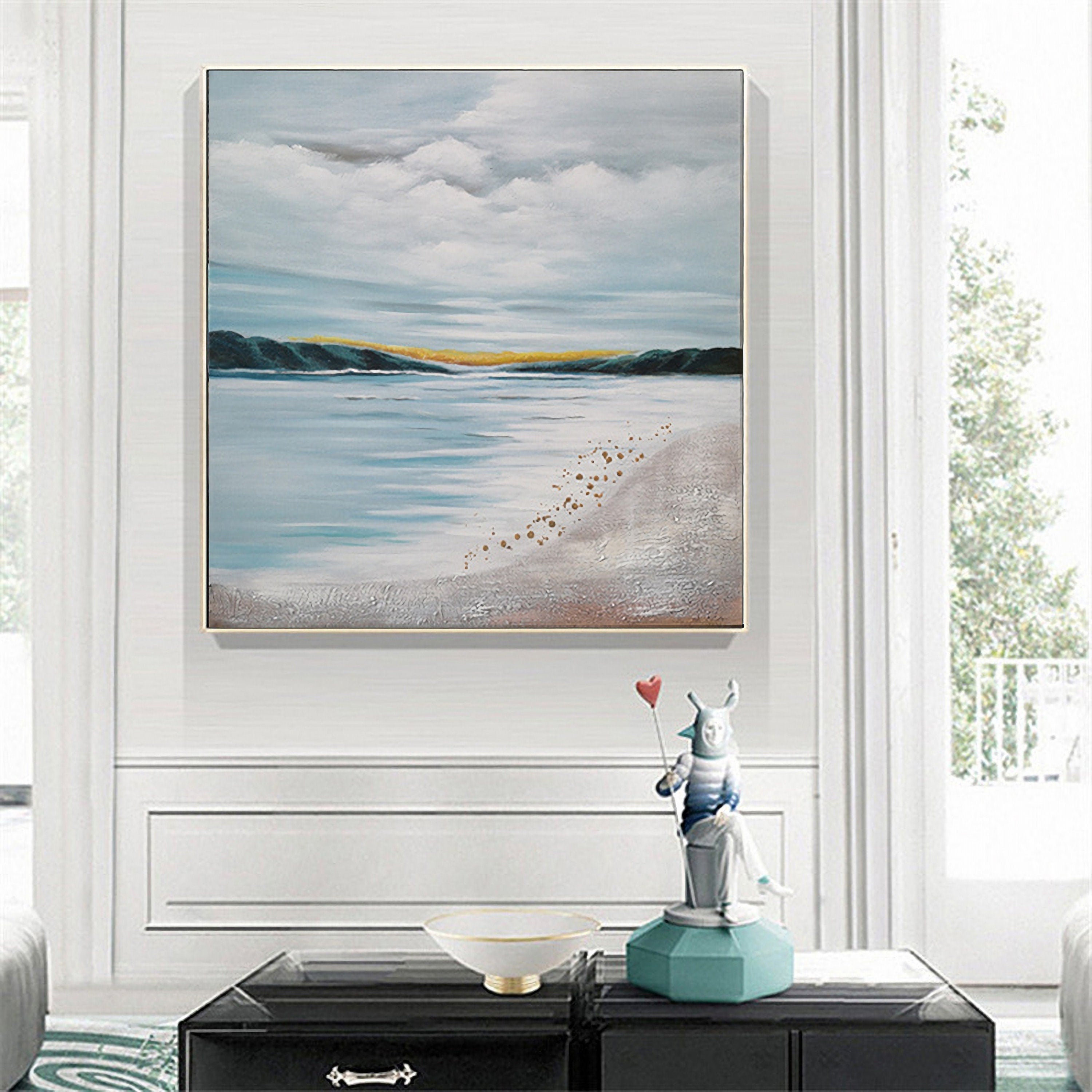 Ocean Wall Art Abstract Beach Painting, Coastal Wall Decor, Blue Seascape Painting for Living Room, Canvas Painting