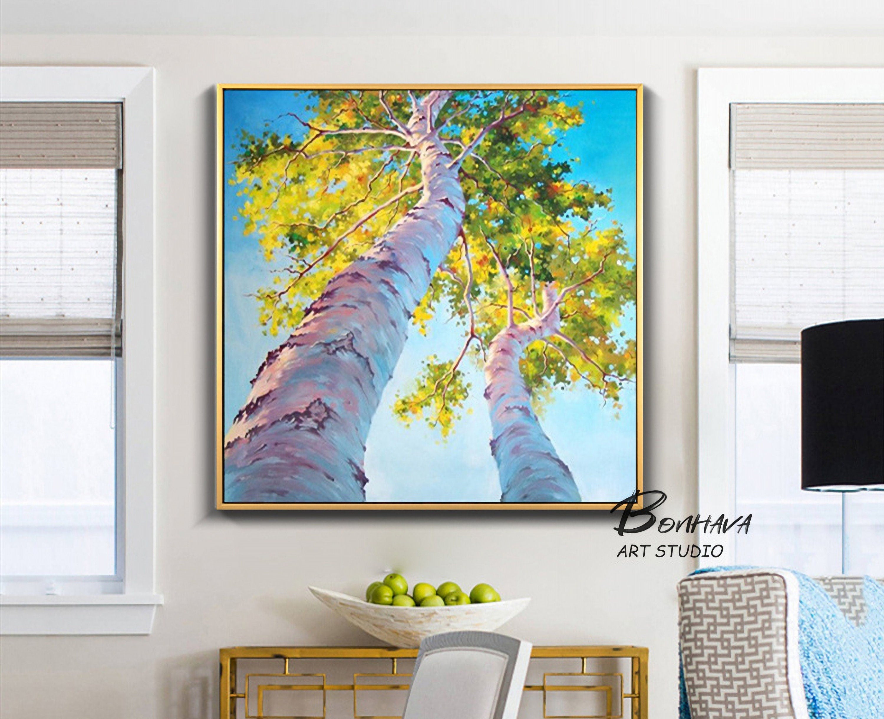 Tree Painting Abstract Wall Art: Green Birch Trees Painting Forest Landscape Artwork for Living Room (24” x 24'')