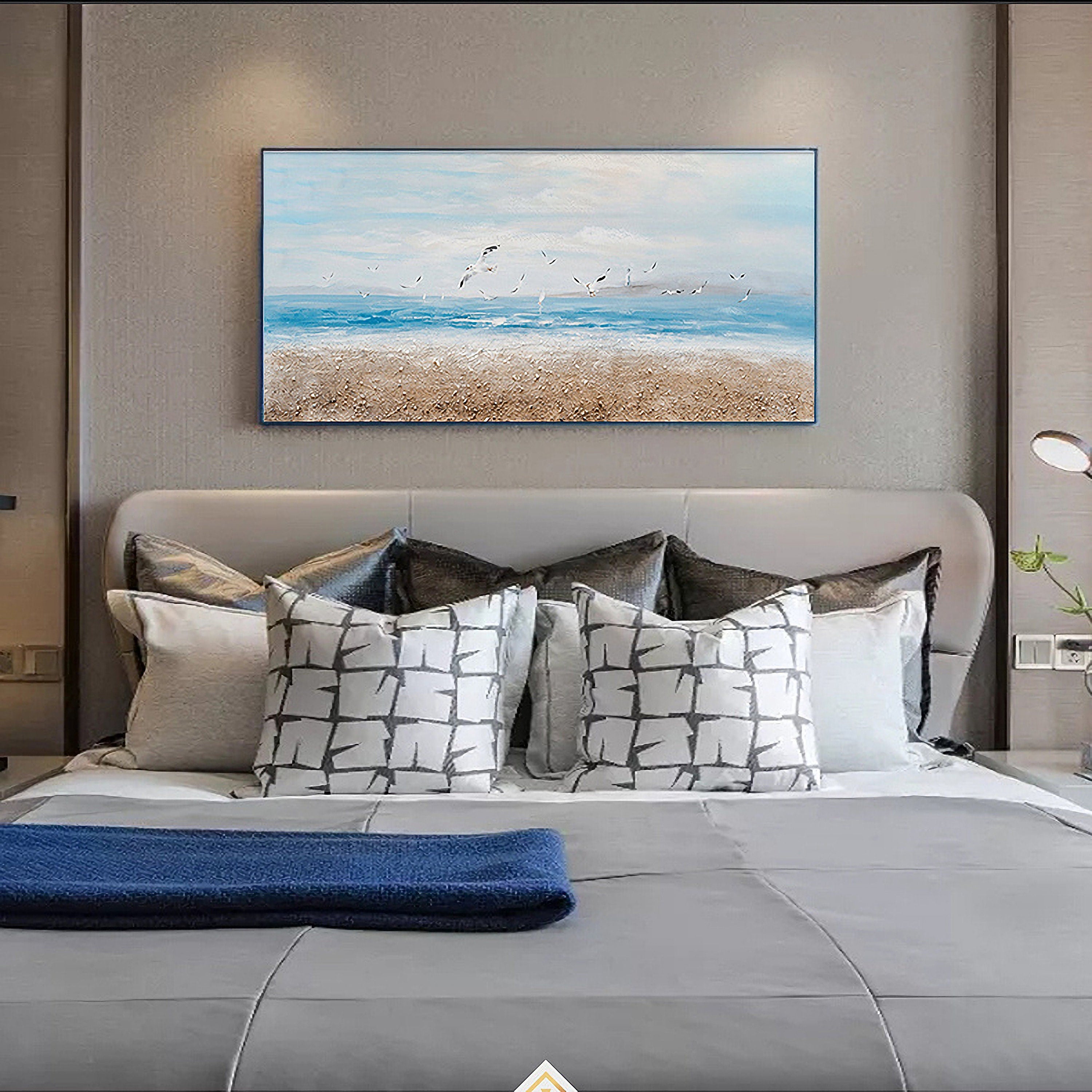 Abstract Ocean Artwork Coastal Picture: Beach Painting Sea Birds Wall Art Painting on Canvas for Office Living Room