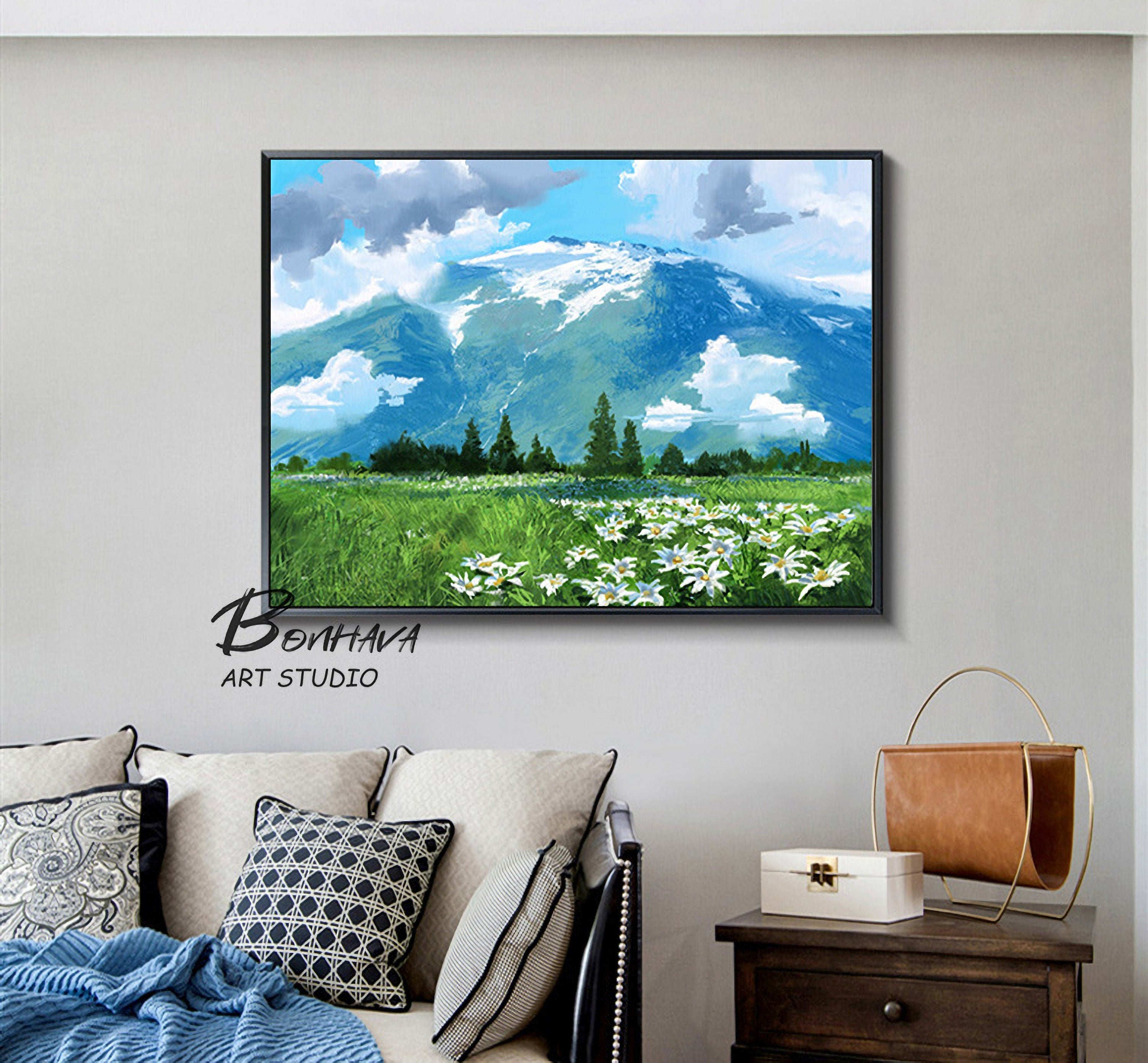 Mountain Painting Canvas Wall Art: Abstract Landscape Artwork Hand Painted on Canvas for Living Room (24” x 36”)