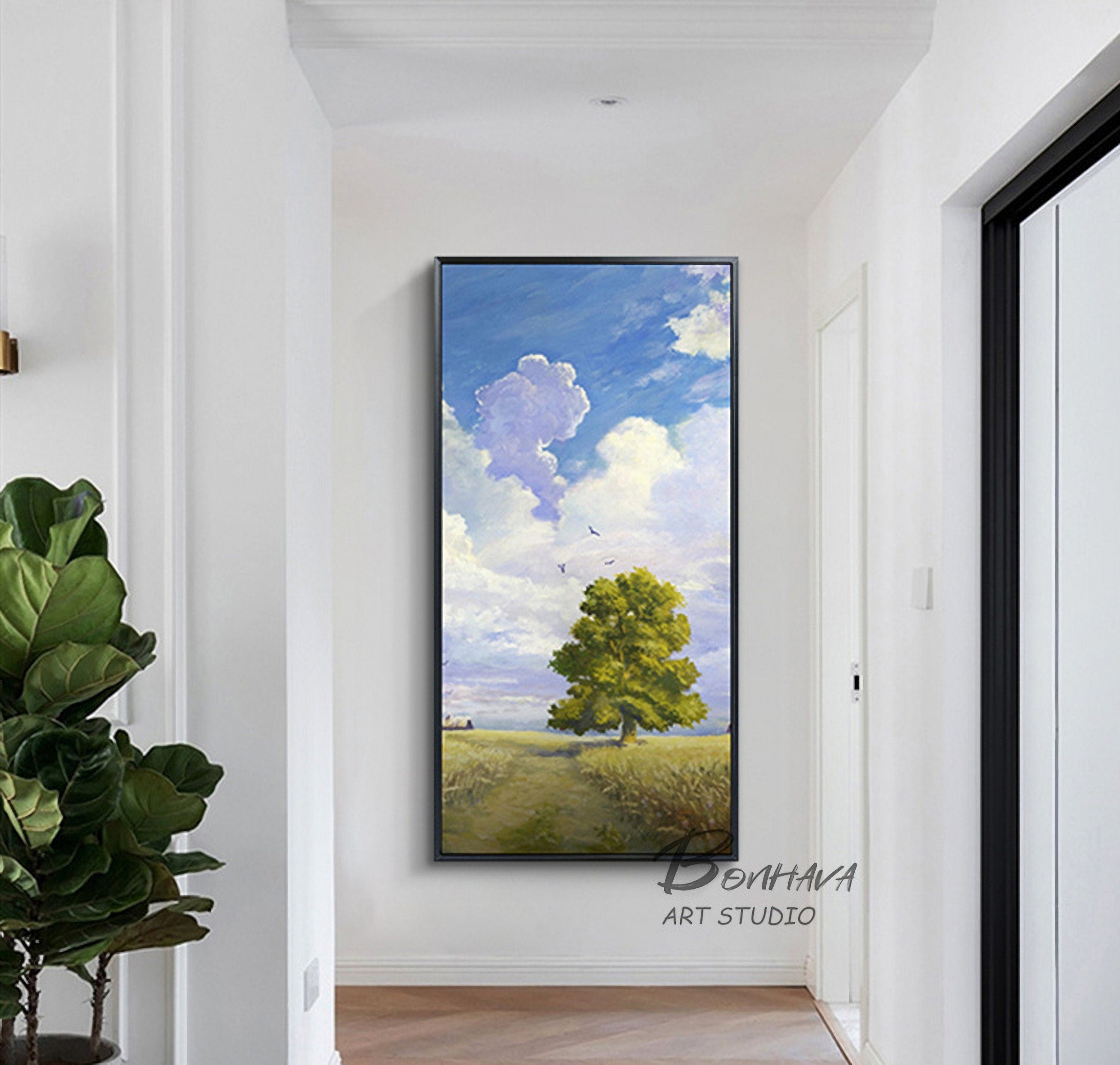 Landscape Oil Painting Original Art Sky and Tree Painting for Living Room Wall Canvas Painting (20''x40'')