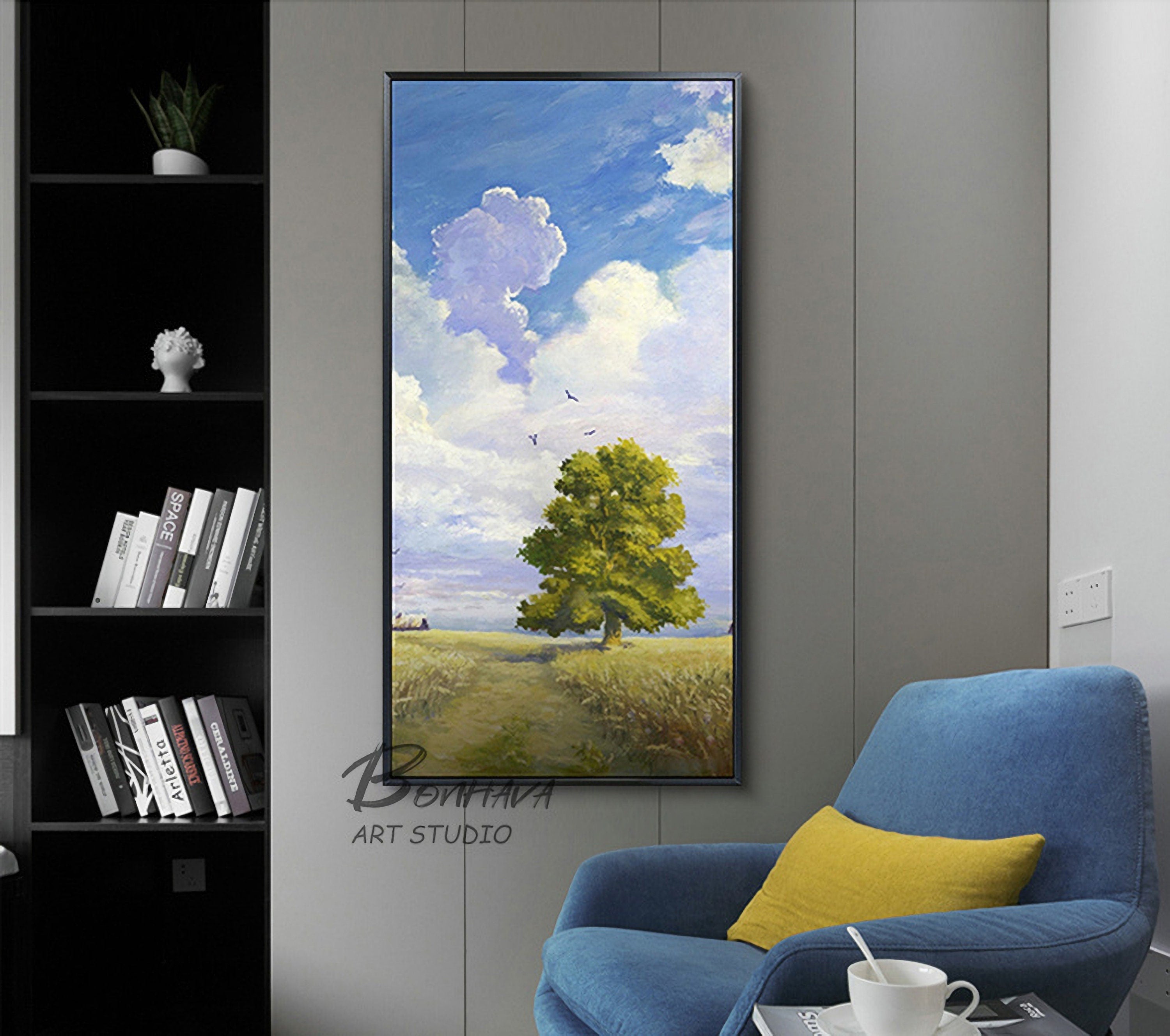 Landscape Oil Painting Original Art Sky and Tree Painting for Living Room Wall Canvas Painting (20''x40'')