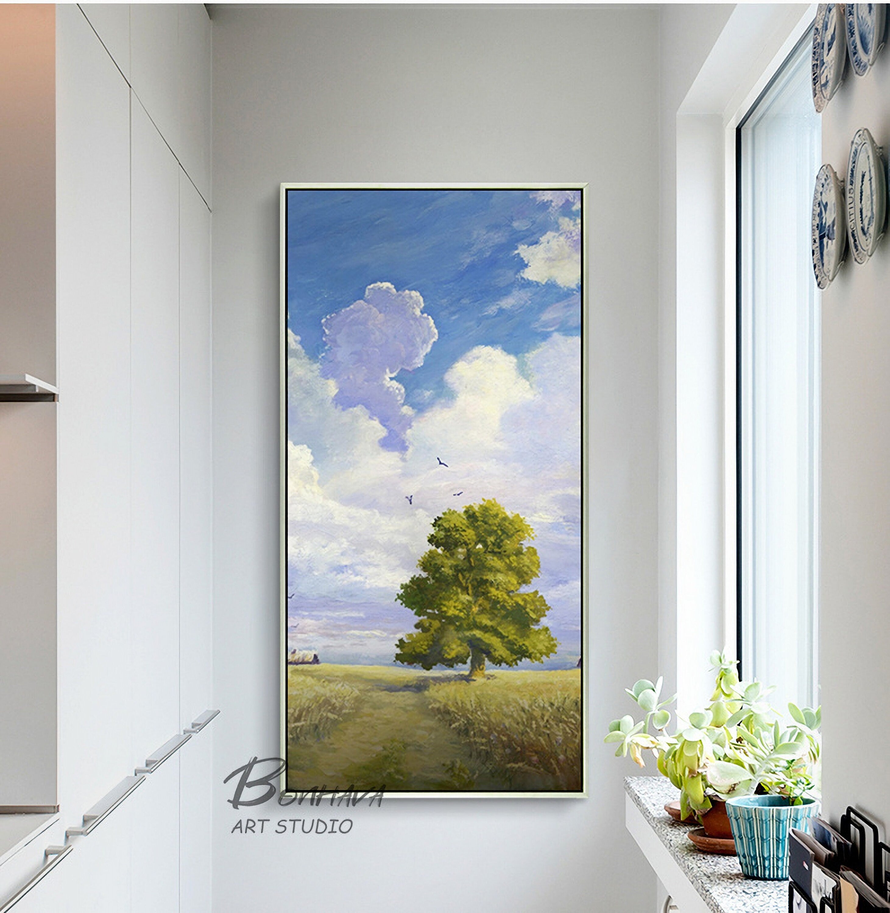 Landscape Oil Painting Original Art Sky and Tree Painting for Living Room Wall Canvas Painting (20''x40'')