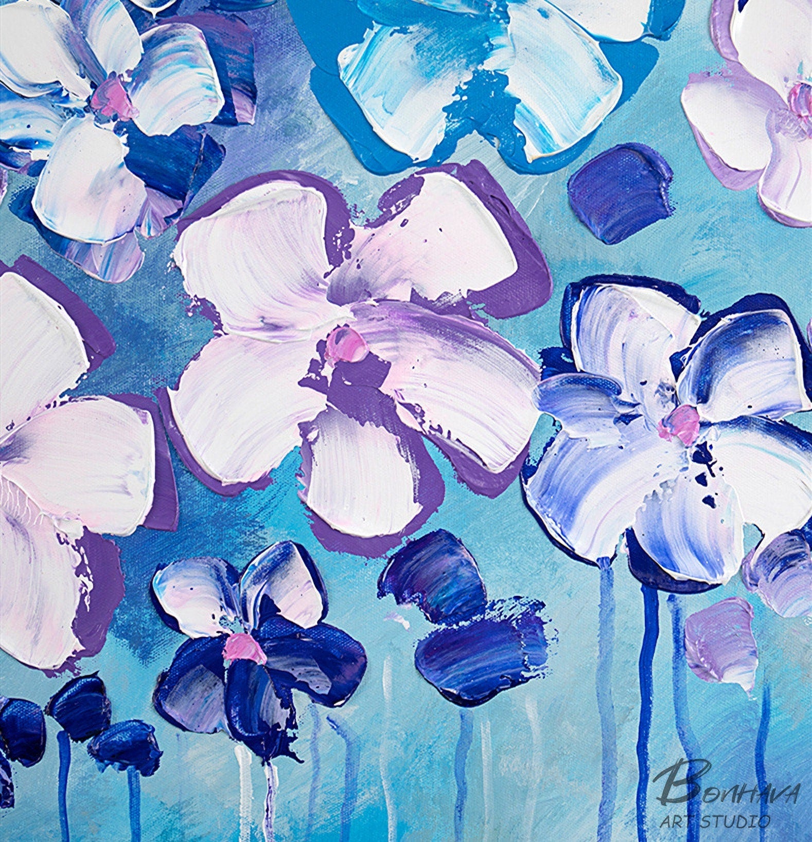 Canvas Wall Art Full Bloosm Flowers Painting Blue Florals Painting, 20"x28" Botanical for Bedroom Living Room