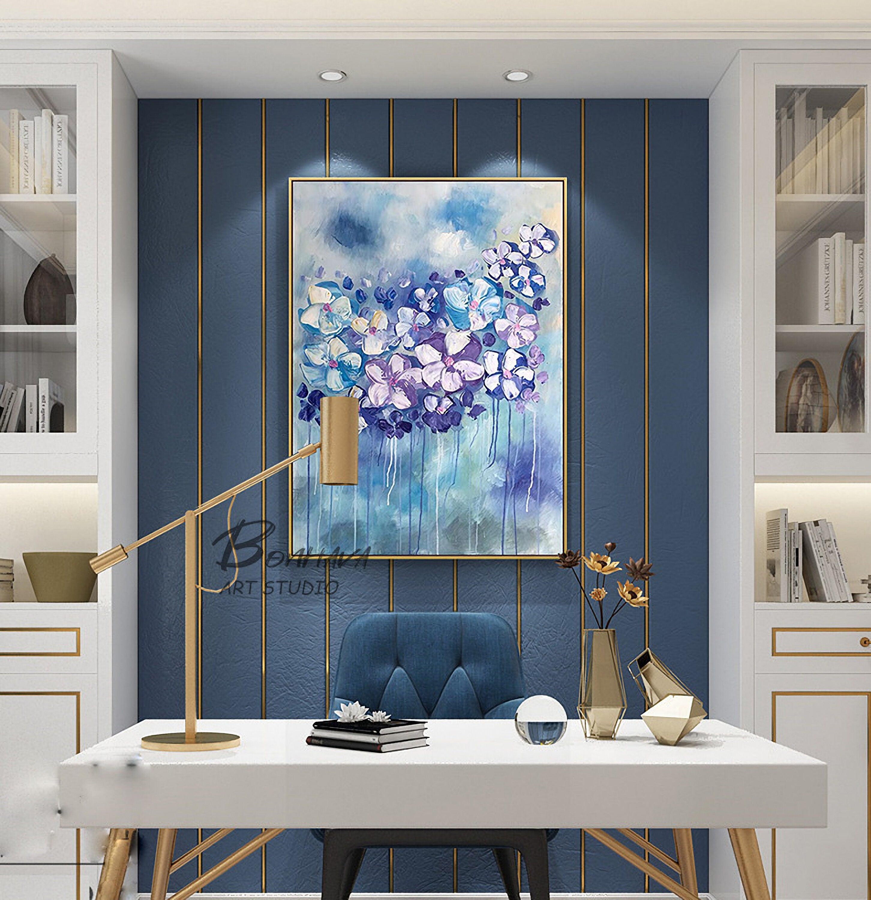 Canvas Wall Art Full Bloosm Flowers Painting Blue Florals Painting, 20"x28" Botanical for Bedroom Living Room
