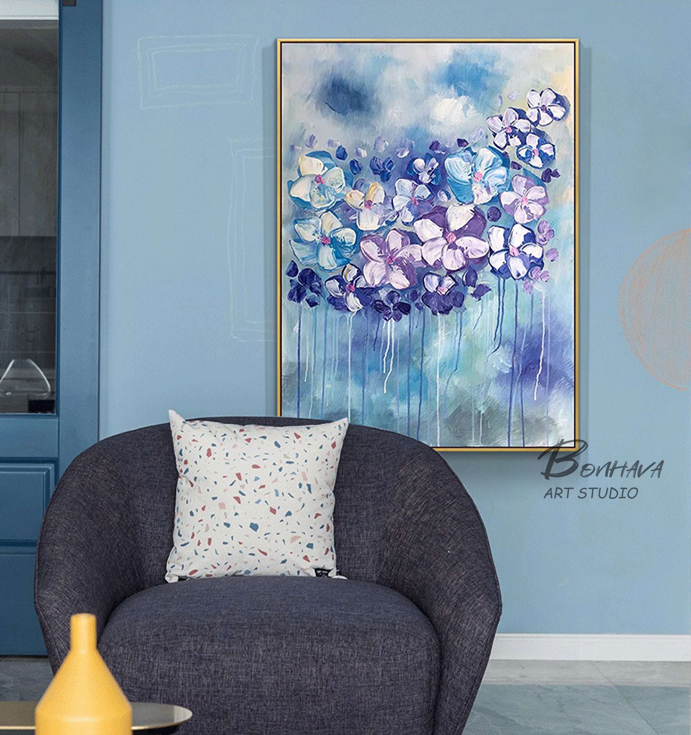 Canvas Wall Art Full Bloosm Flowers Painting Blue Florals Painting, 20"x28" Botanical for Bedroom Living Room