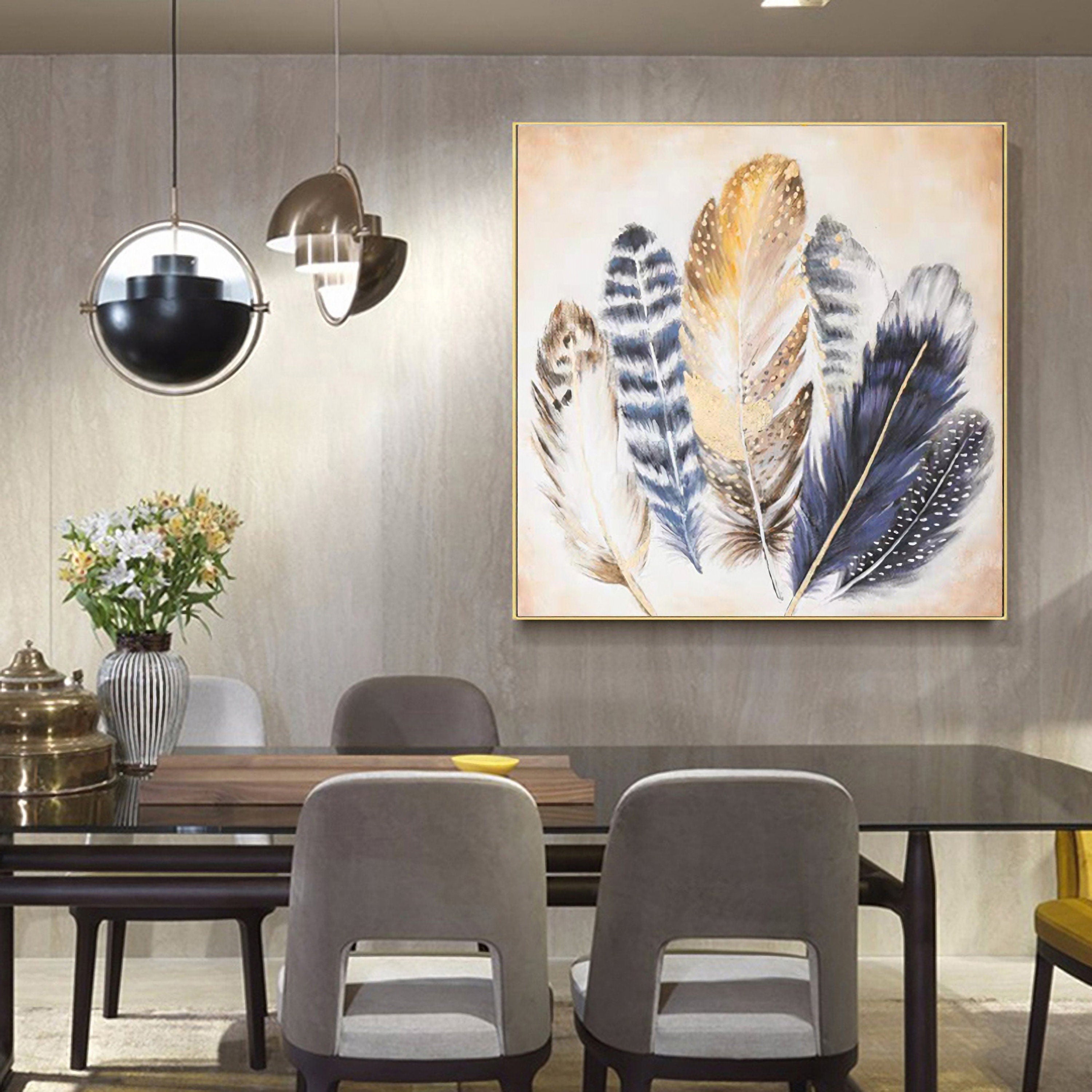 Feather Canvas Wall Art for Living Room Bedroom Modern Artwork Blue Animal Feather Painting Wall Decor for Home Office…