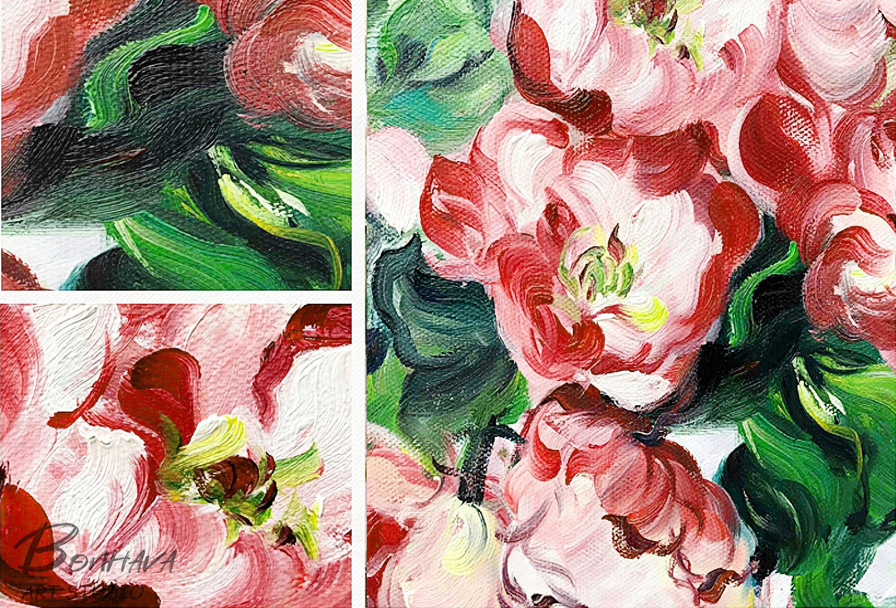 Floral Painting Canvas Artwork: Pink Rose Flower Oil Painting Wall Art on Canvas for Bathroom (24'' x 24'' )