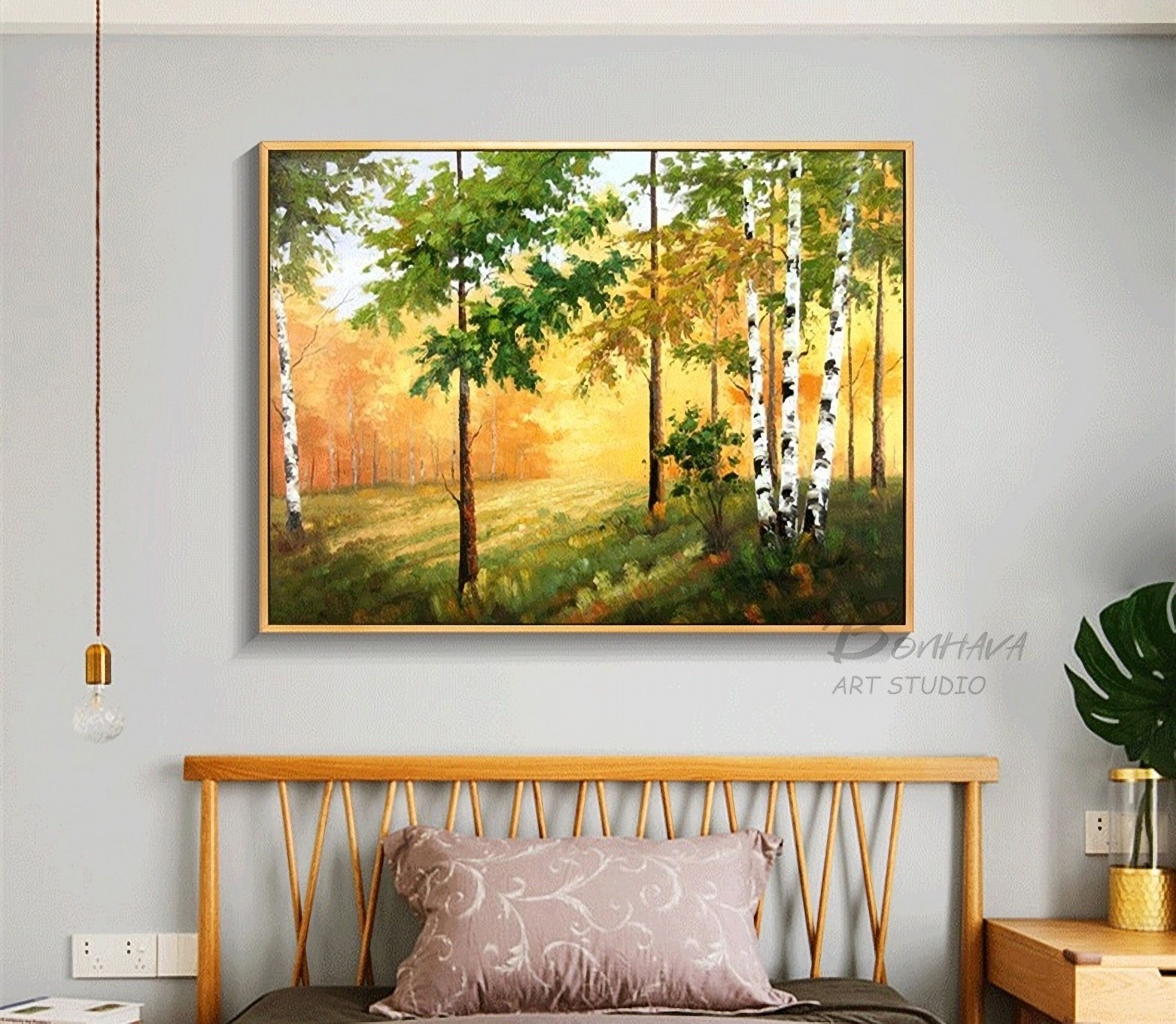 Hand-Painted Forest Wall Art Painting: Green Trees Artwork Landscape Canvas Picture for Wall (28'' x 36'')