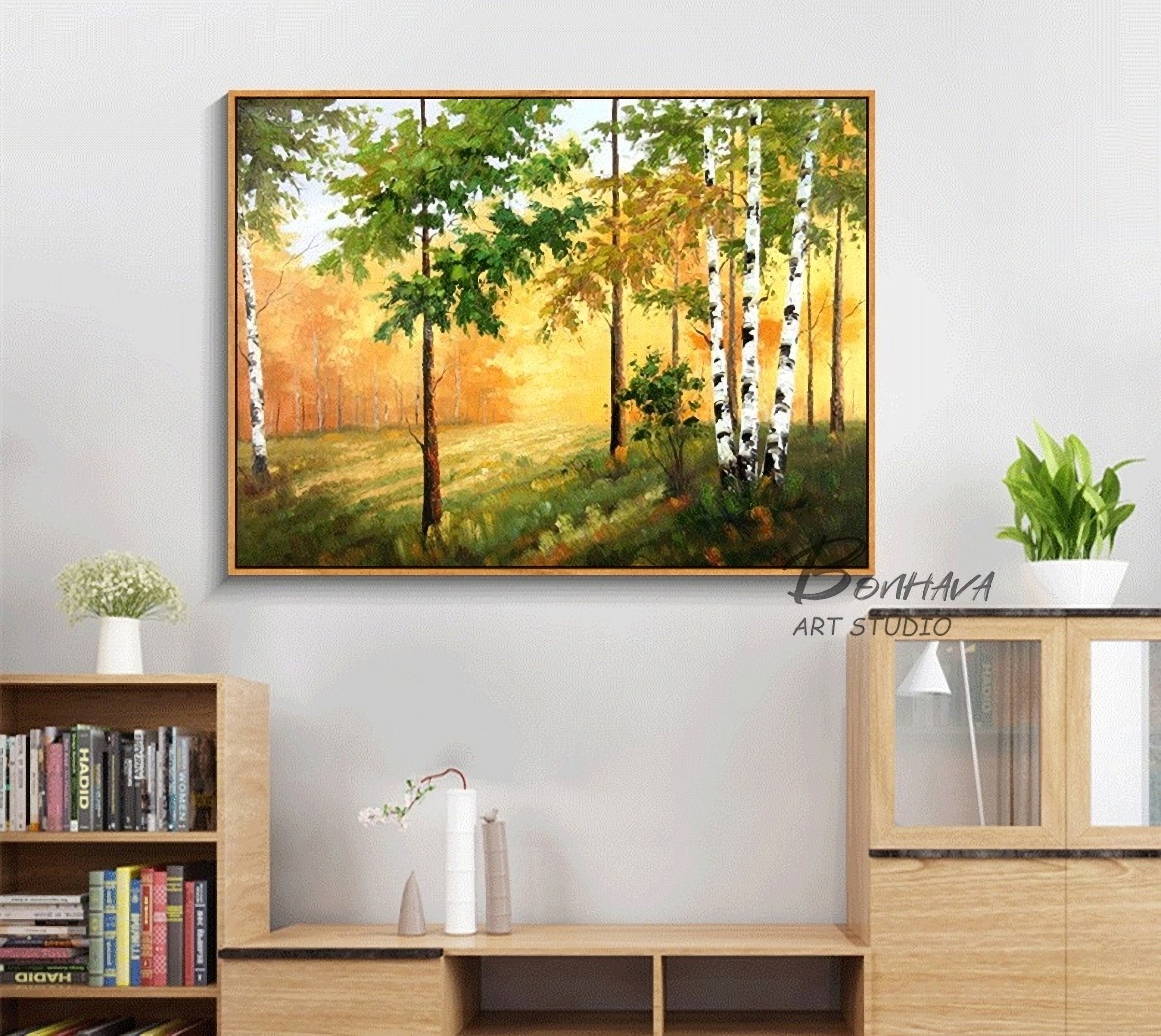 Hand-Painted Forest Wall Art Painting: Green Trees Artwork Landscape Canvas Picture for Wall (28'' x 36'')