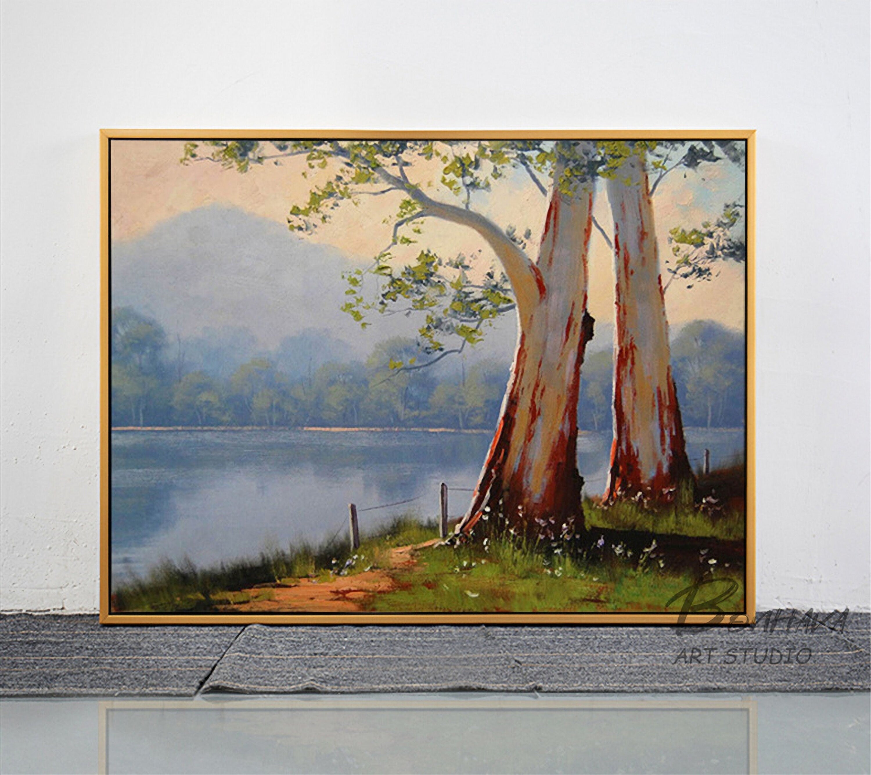 Tree Lake Wall Art Decor Landscape Leaves Forest Canvas Painting Kitchen Pictures for Home Living Dining Room