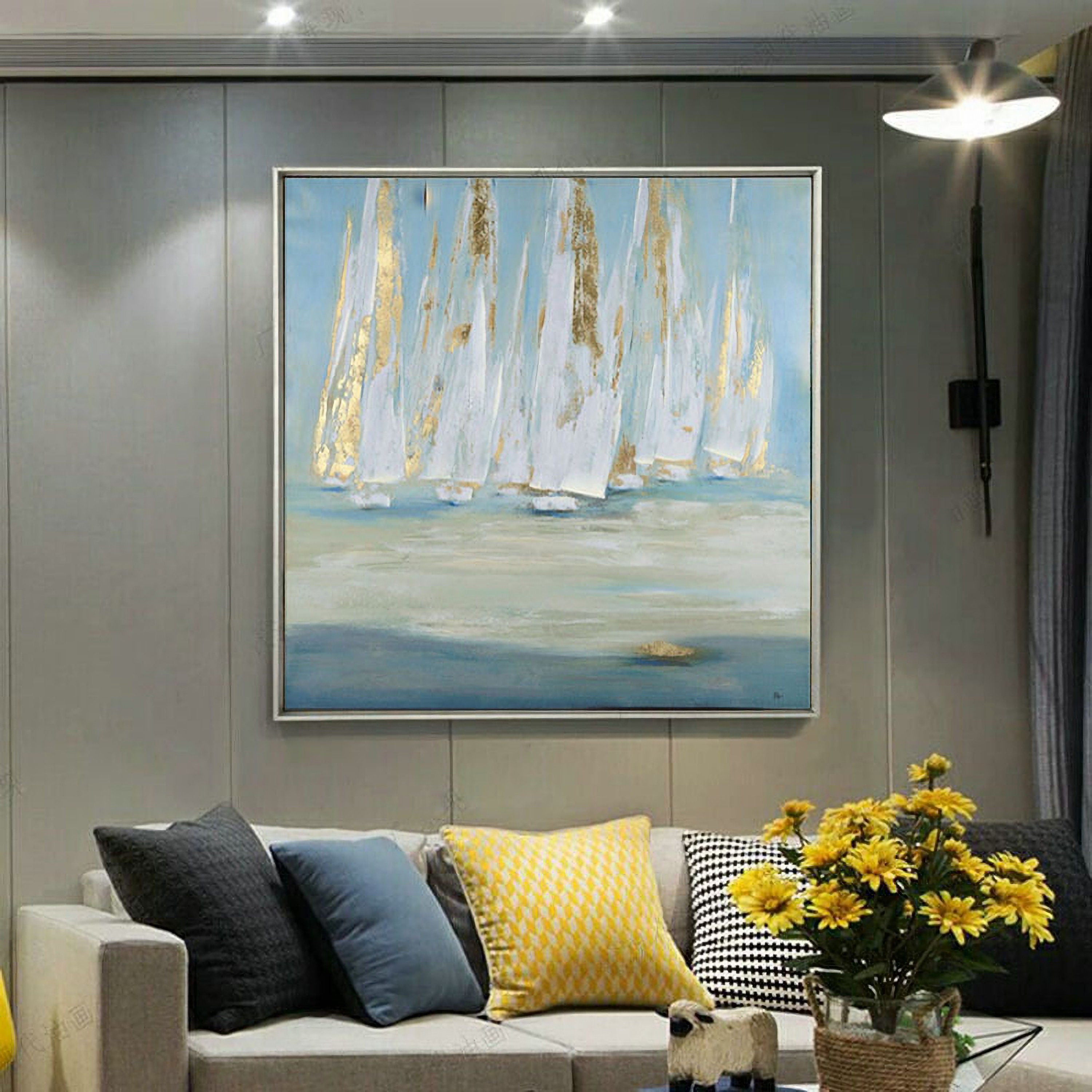 Ocean Sailboat Oil Painting Nautical Canvas Painting Gold Boat Artwork Coastal Painting for Living Room Bathroom Bedroom…