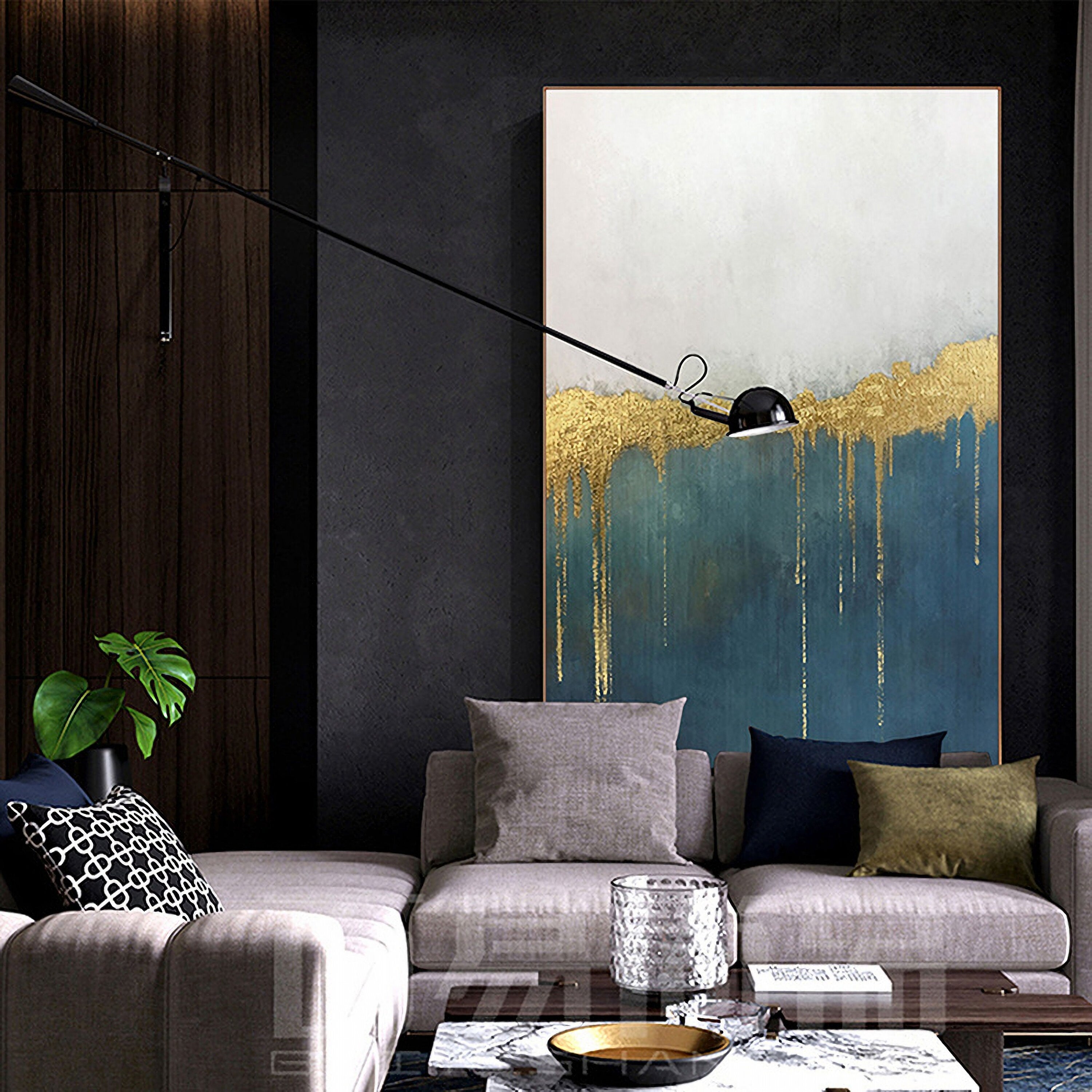 Canvas Painting Wall Art Abstract: Heavy Textured Hand Painted Blue & Gold Foils Picture Artwork for Living Room (32” x…