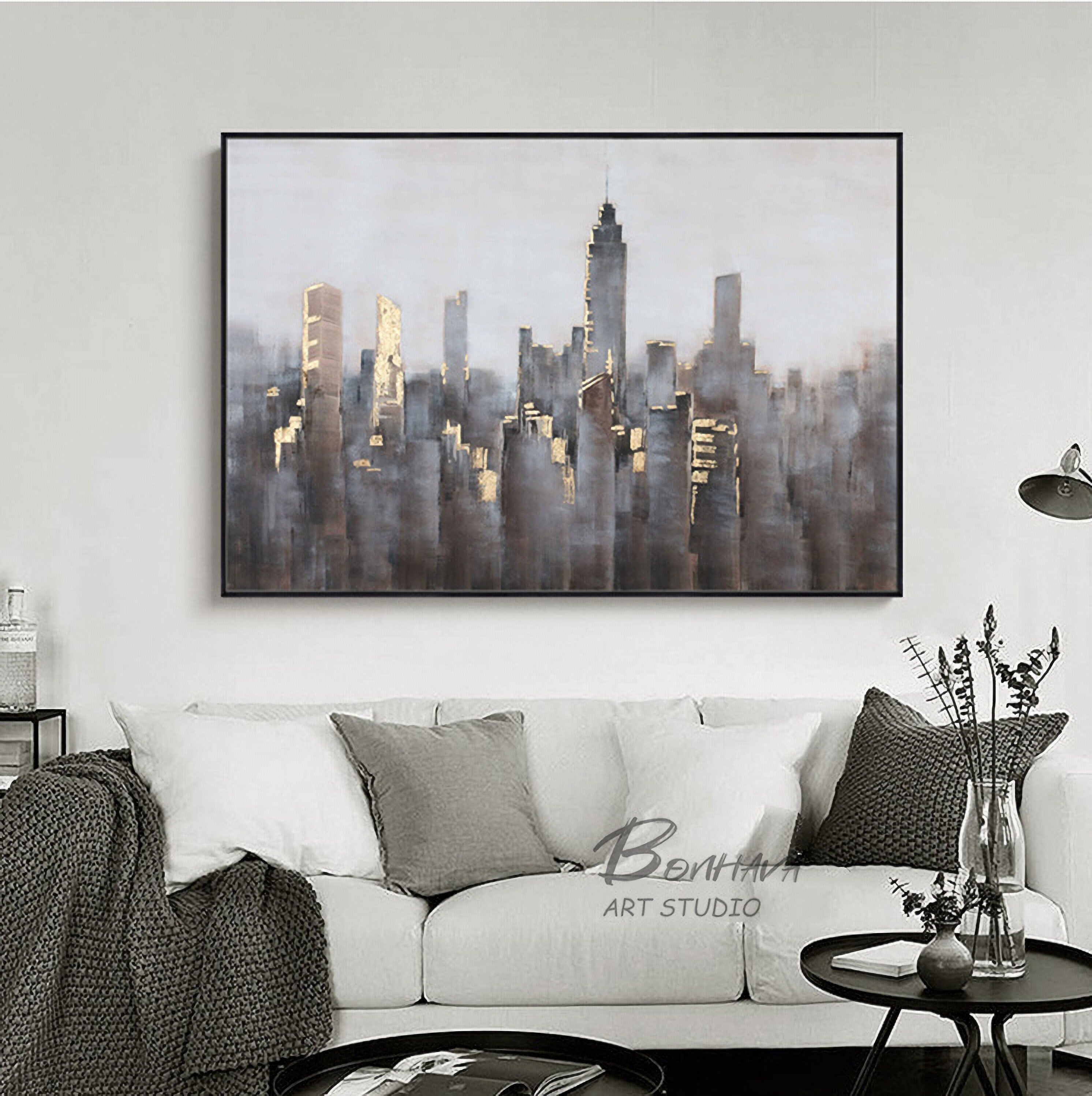 Large Wall City oil painting, Large Abstract Painting, New York skyline city art painting on Canvas,City architecture…