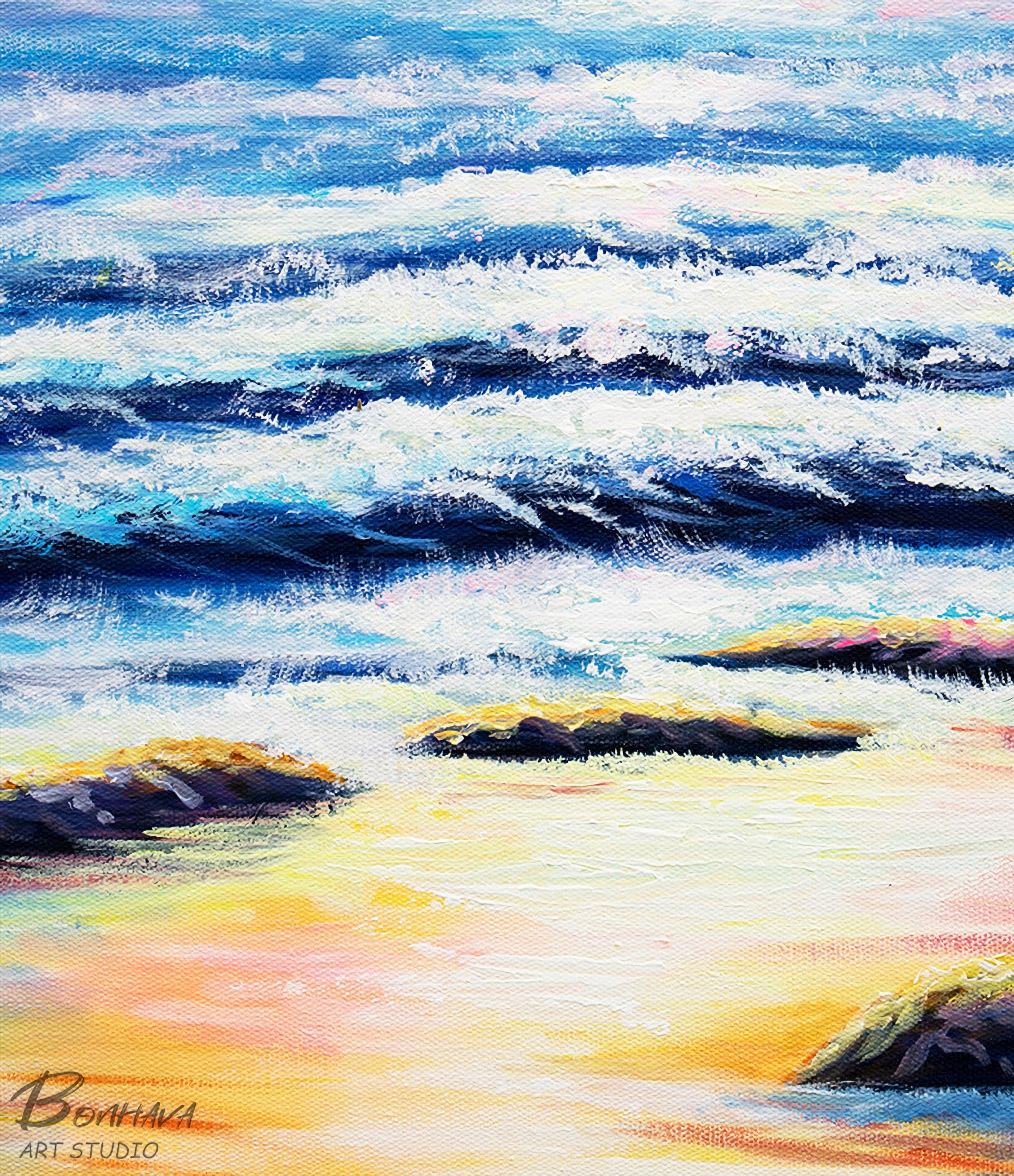 Sea Spray and Sunrise Wall Art, Ocean Oil Painting On Canvas, Seascape Pictures for Home Decor