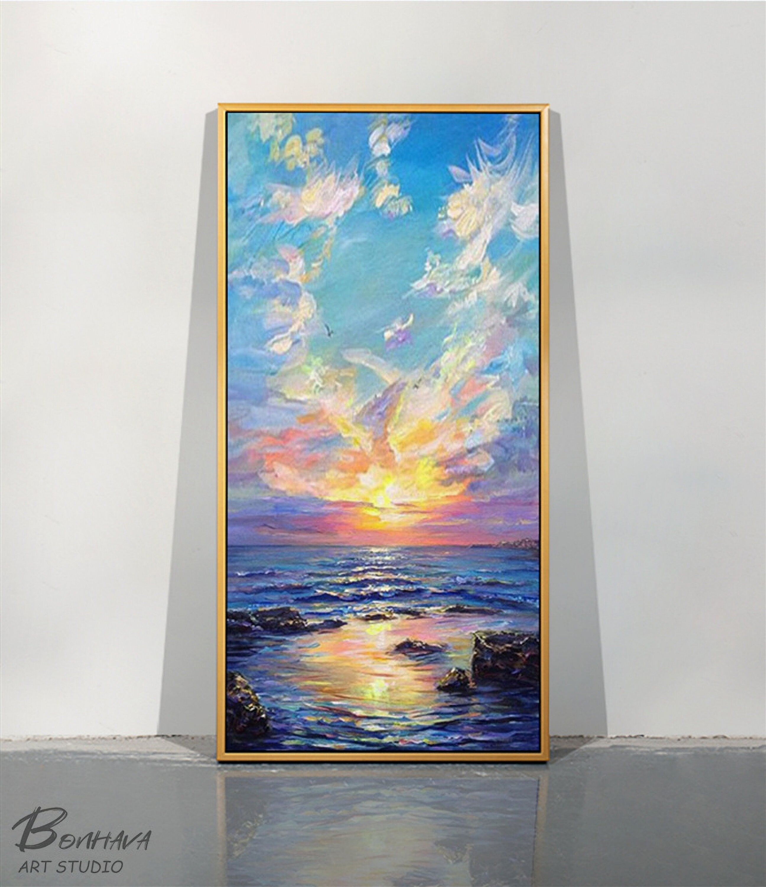 Sea Spray and Sunrise Wall Art, Ocean Oil Painting On Canvas, Seascape Pictures for Home Decor