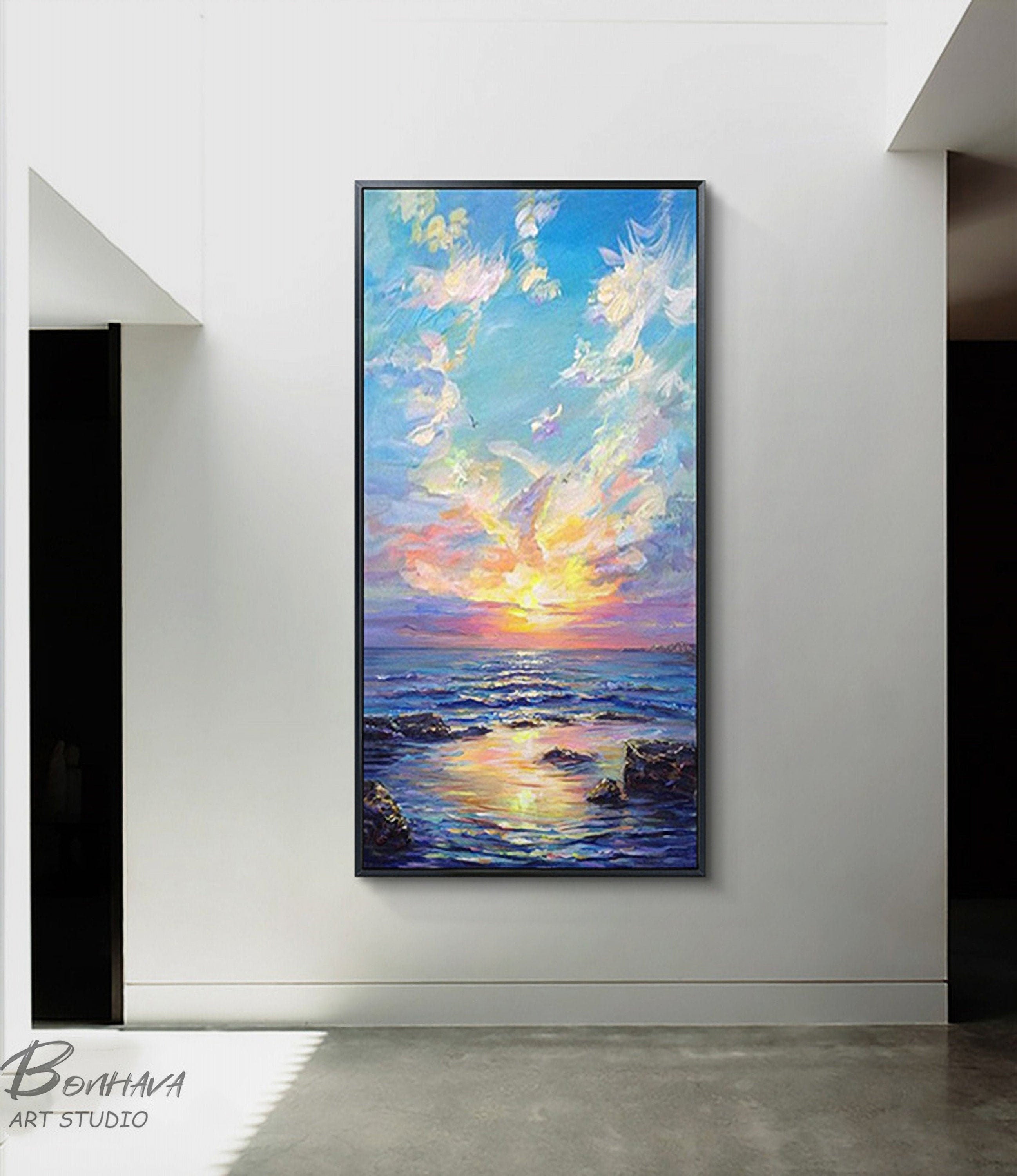 Sea Spray and Sunrise Wall Art, Ocean Oil Painting On Canvas, Seascape Pictures for Home Decor