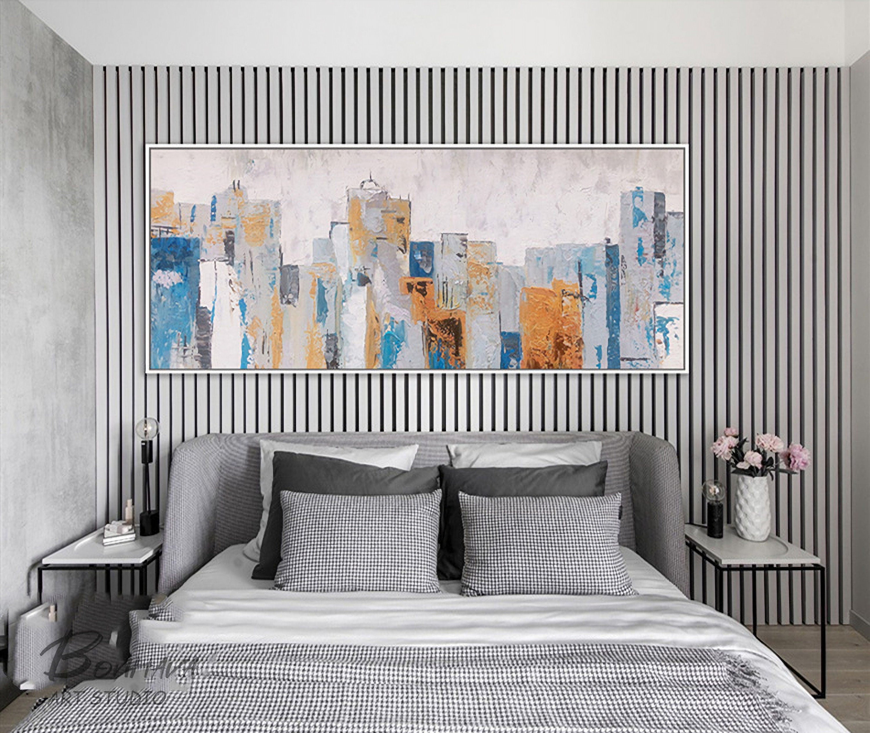 Abstract City Canvas Wall Art, Blue Cityscape Artwork, Buildings Acrylic Painting for Bathroom