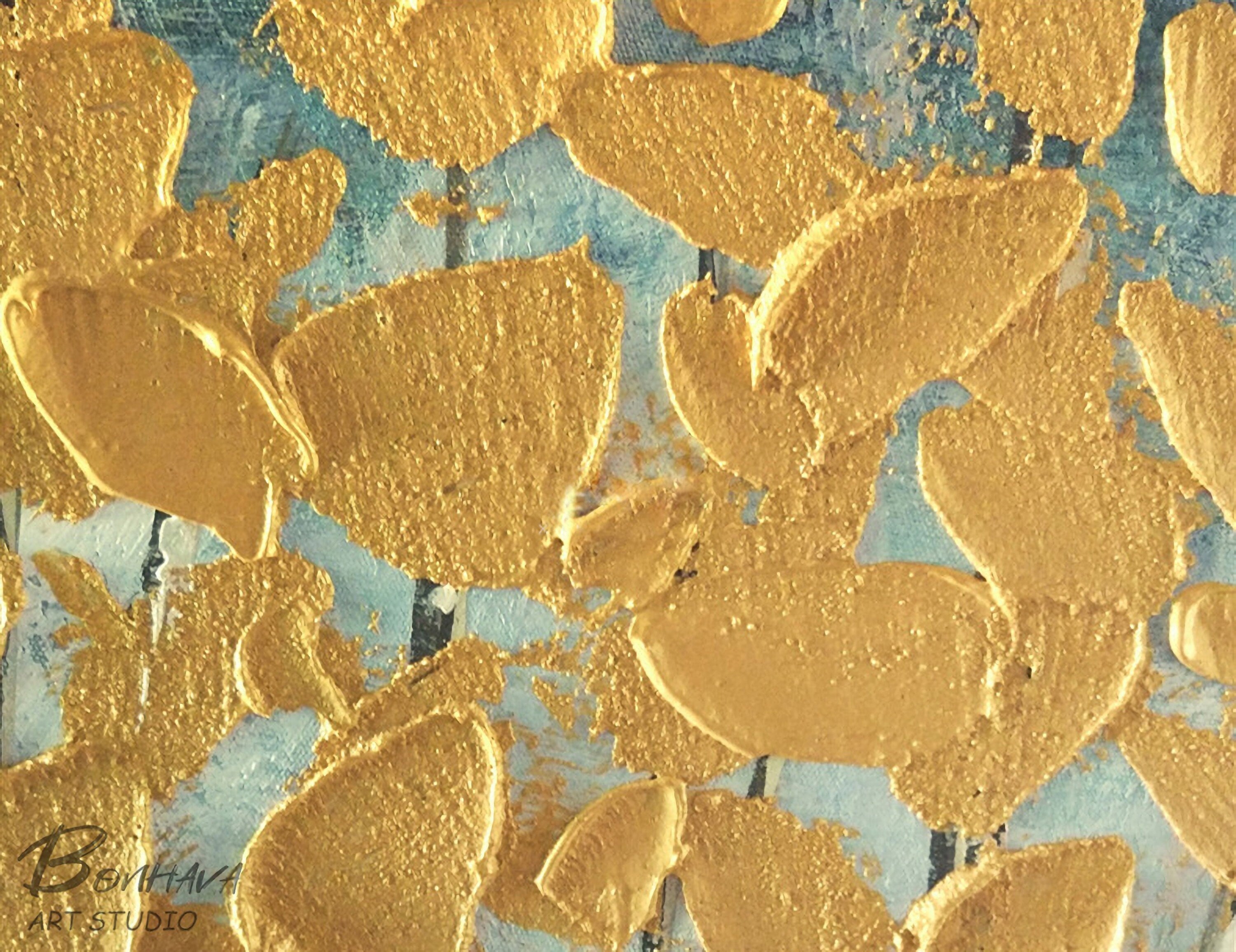 Abstract Tree and Leaves Wall Art, Modern Abstract Canvas Painting, Gold Oil Painting for Home Living Dining Room