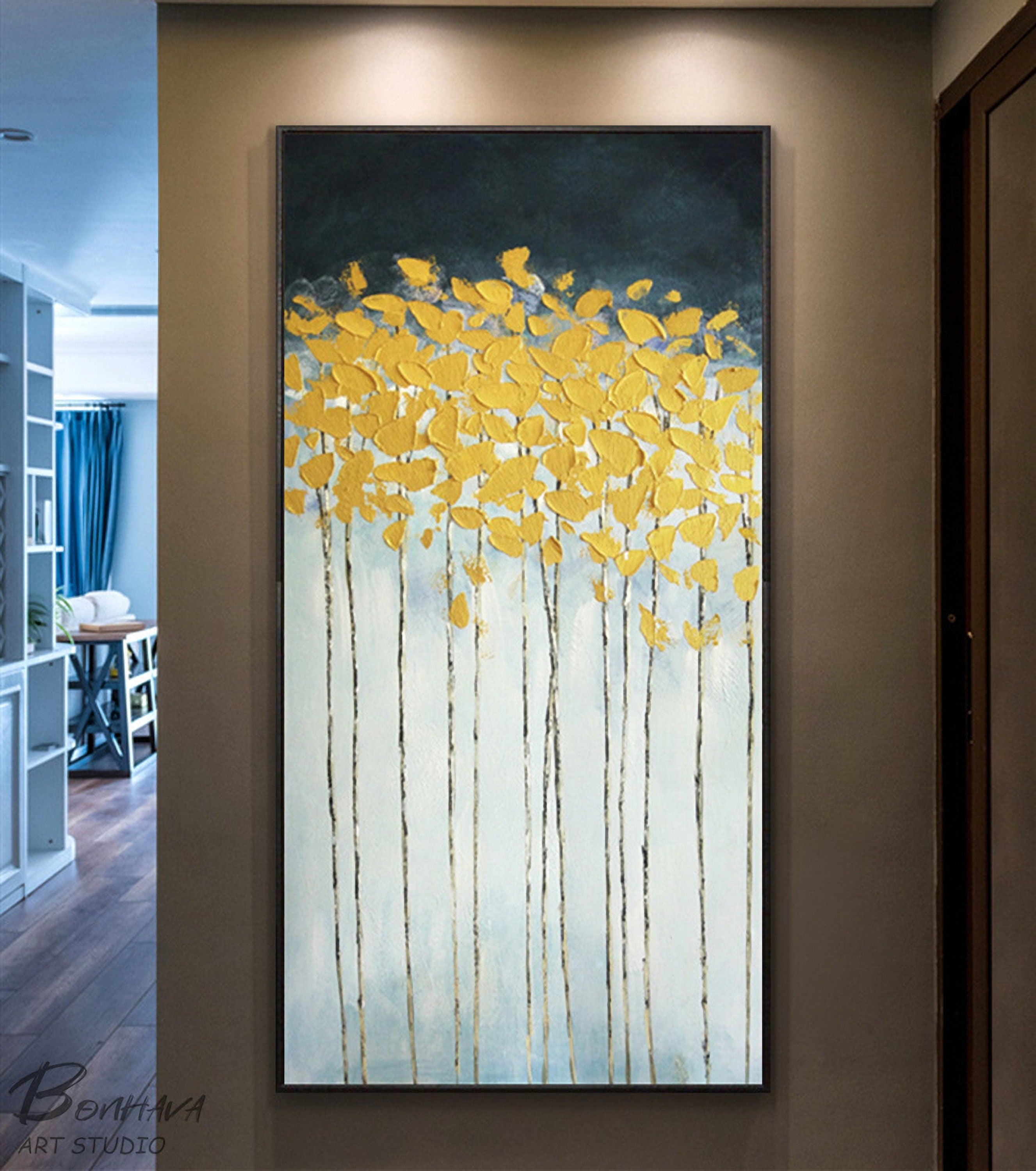 Abstract Tree and Leaves Wall Art, Modern Abstract Canvas Painting, Gold Oil Painting for Home Living Dining Room