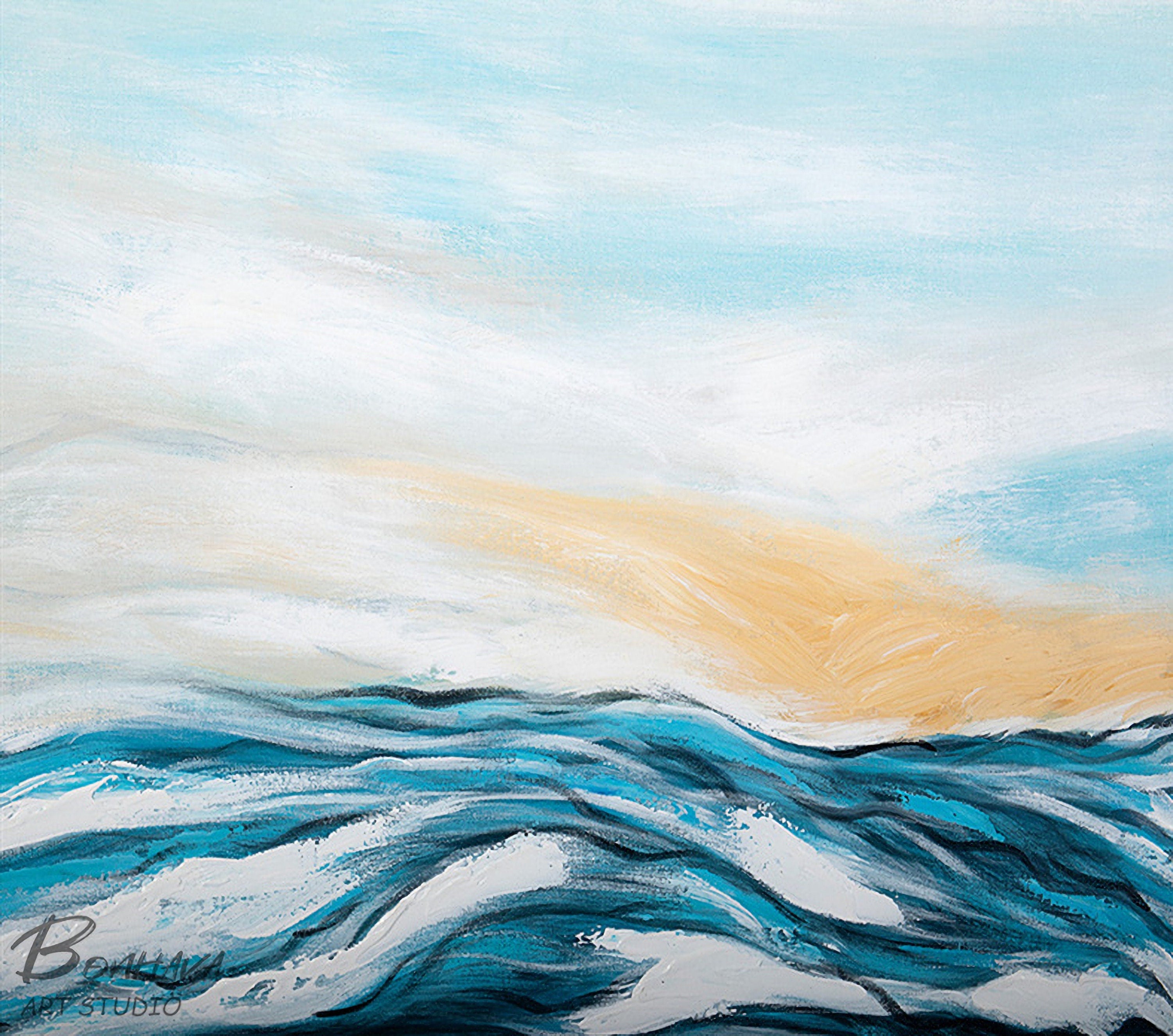Large Blue Ocean Wall Art, Original Abstract Seascape, Sea Wave Painting on Canvas
