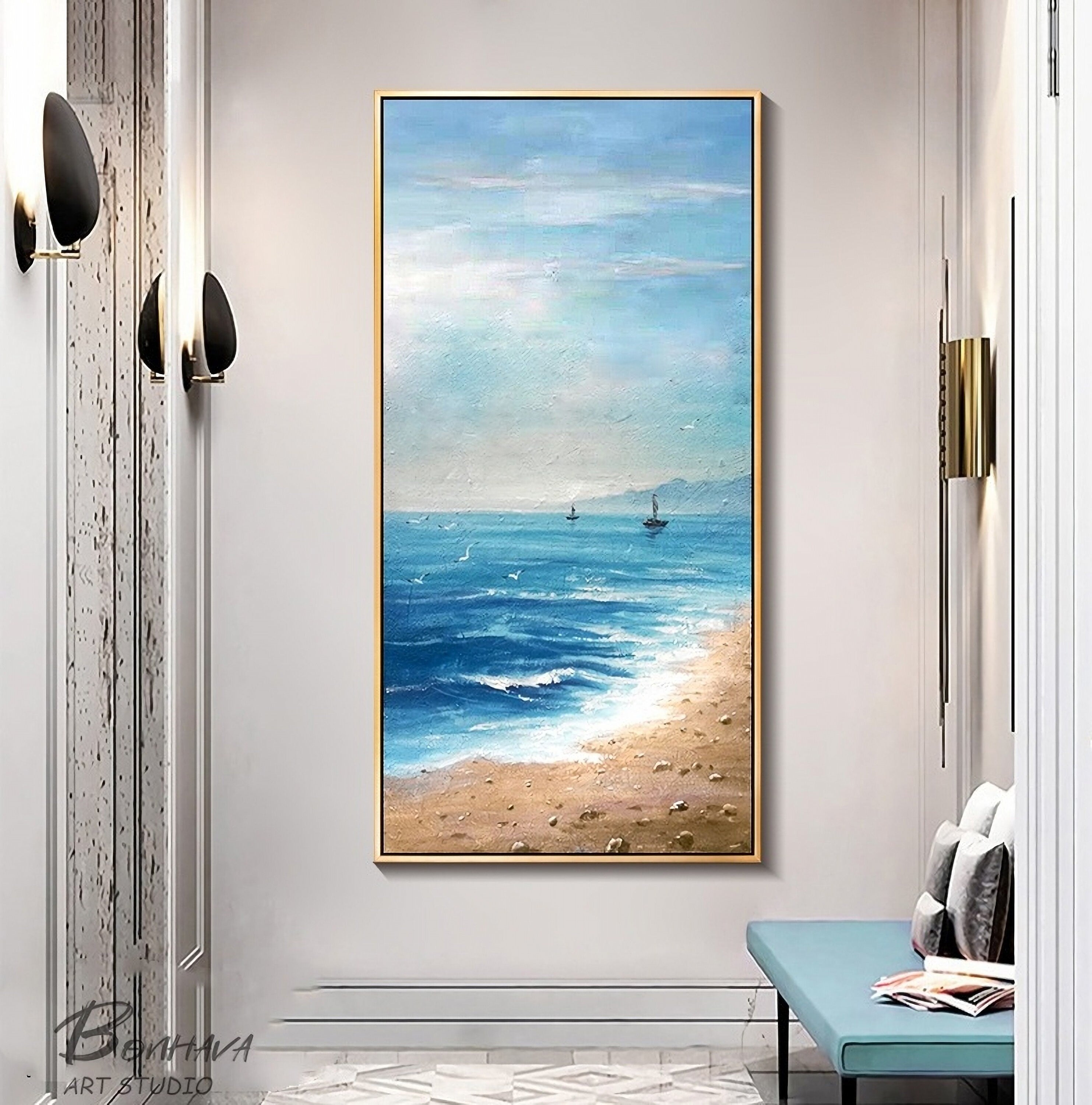 Seashore Artwork, Coastal Wall Art, Abstract Beach Art, Painting on Canvas for Room Decoration