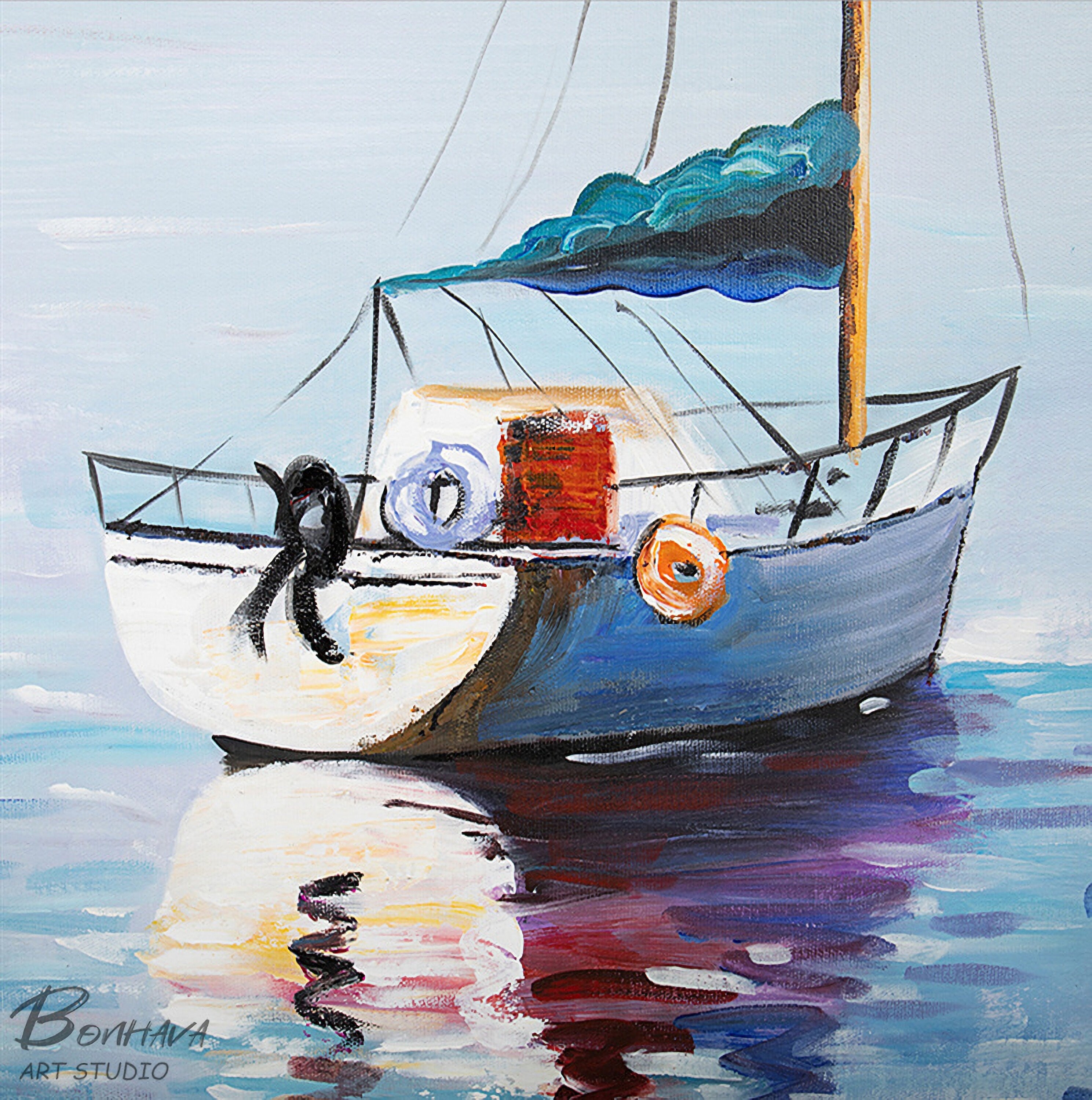 Sailboat Canvas Painting, Abstract Sailing Ship Wall Art, Nautical Artwork for Bedroom