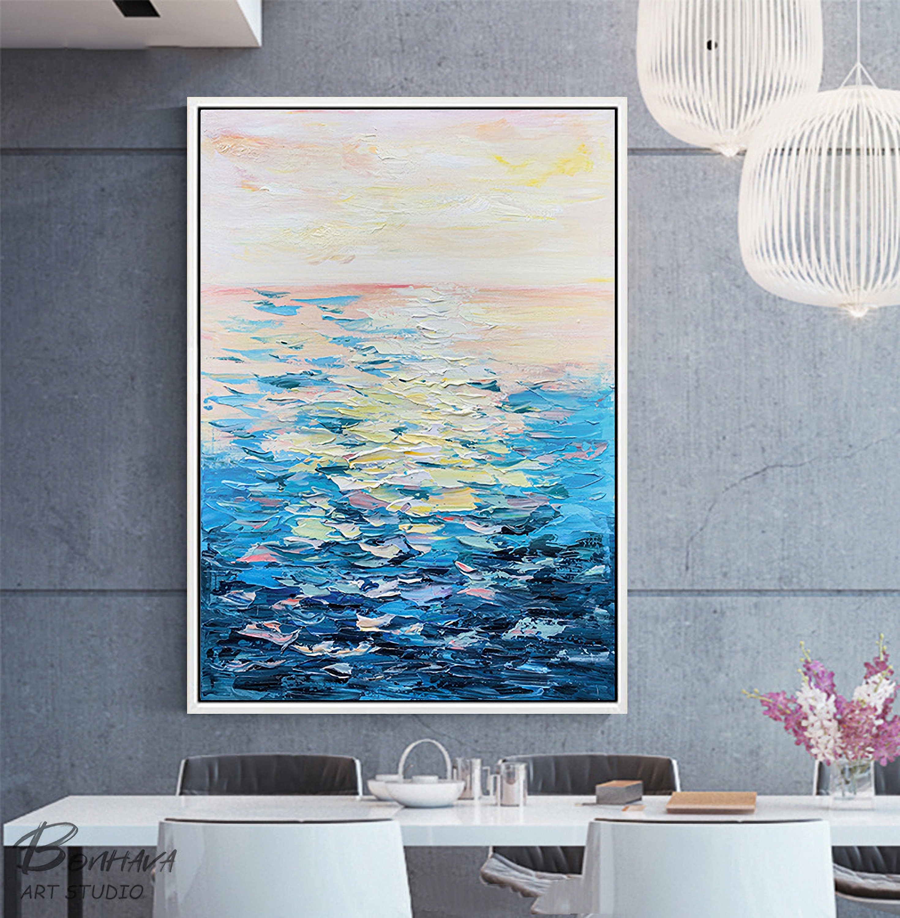 Seascape Abstract Oil Painting,Oil Painting on Canvas, Texture Blue Ocean Scenery Oil Painting, Hand-Painted Abstract Artwork