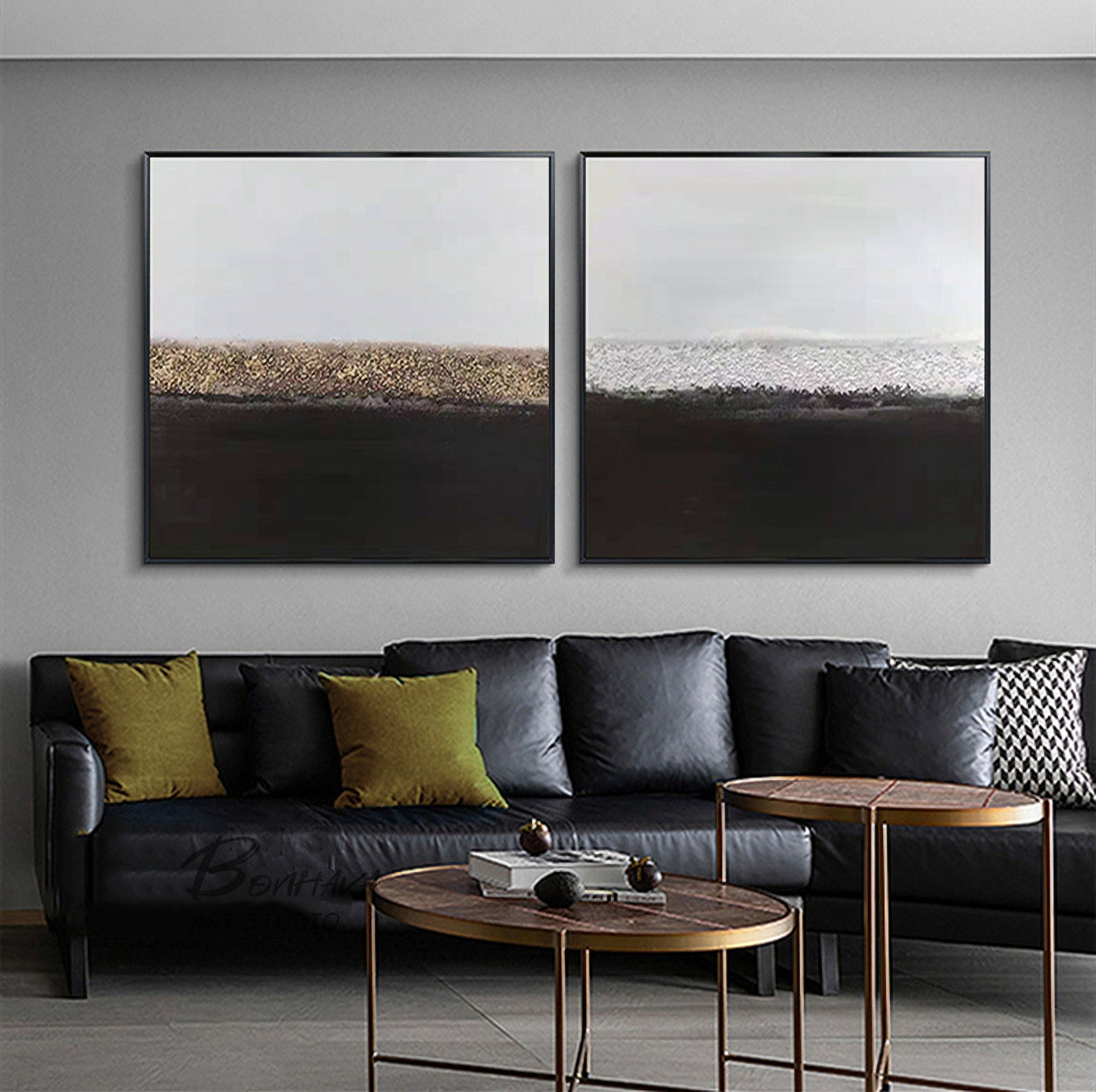 Black and White Abstract Painting, Large Abstract Painting, Large Canvas Art, Handmade Large Wall Art, Living Room Decor, Set…