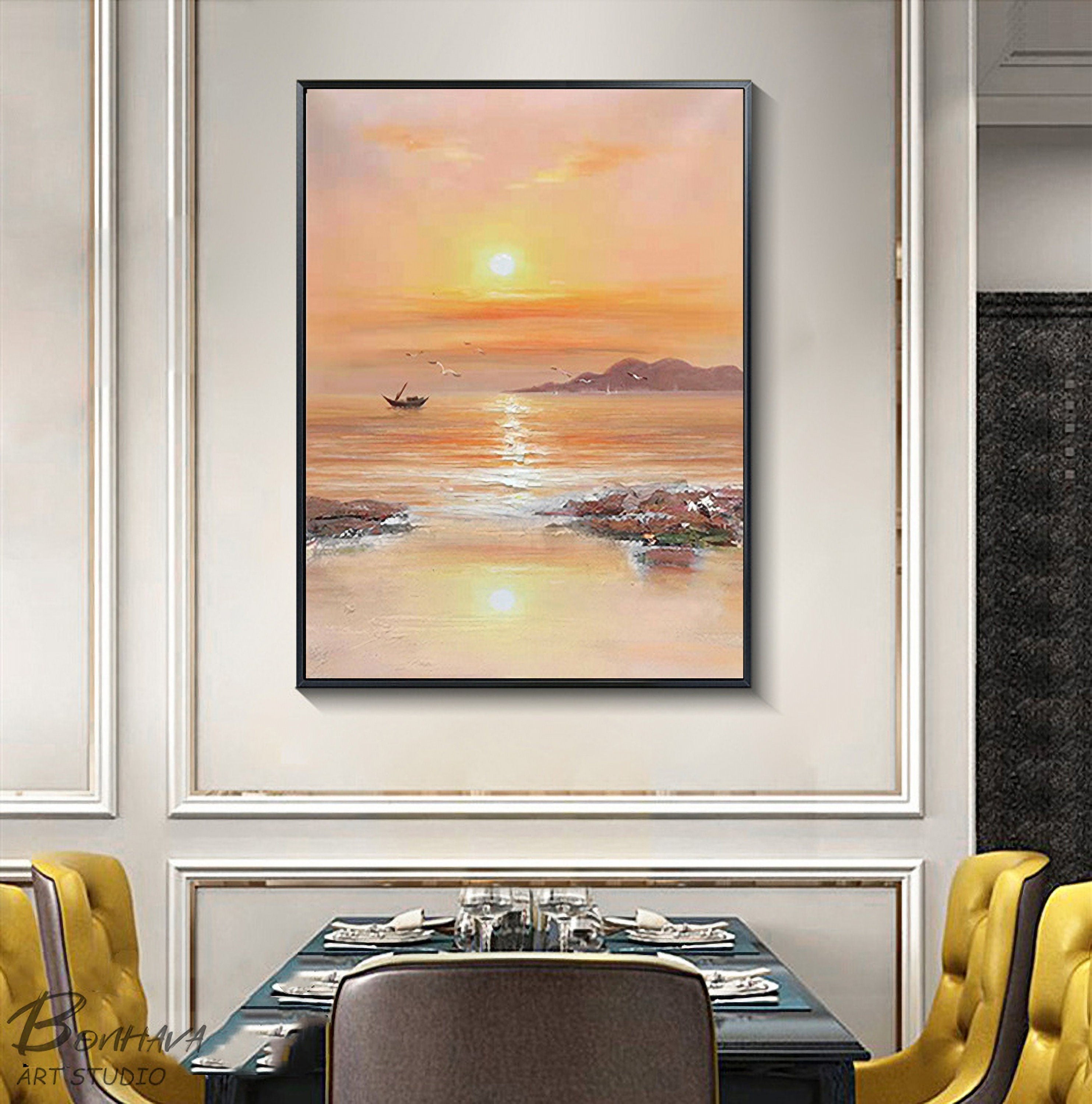 Sea Painting, Large Abstract Painting on Canvas, Large Yellow Abstract Painting, Seascape Oil Painting