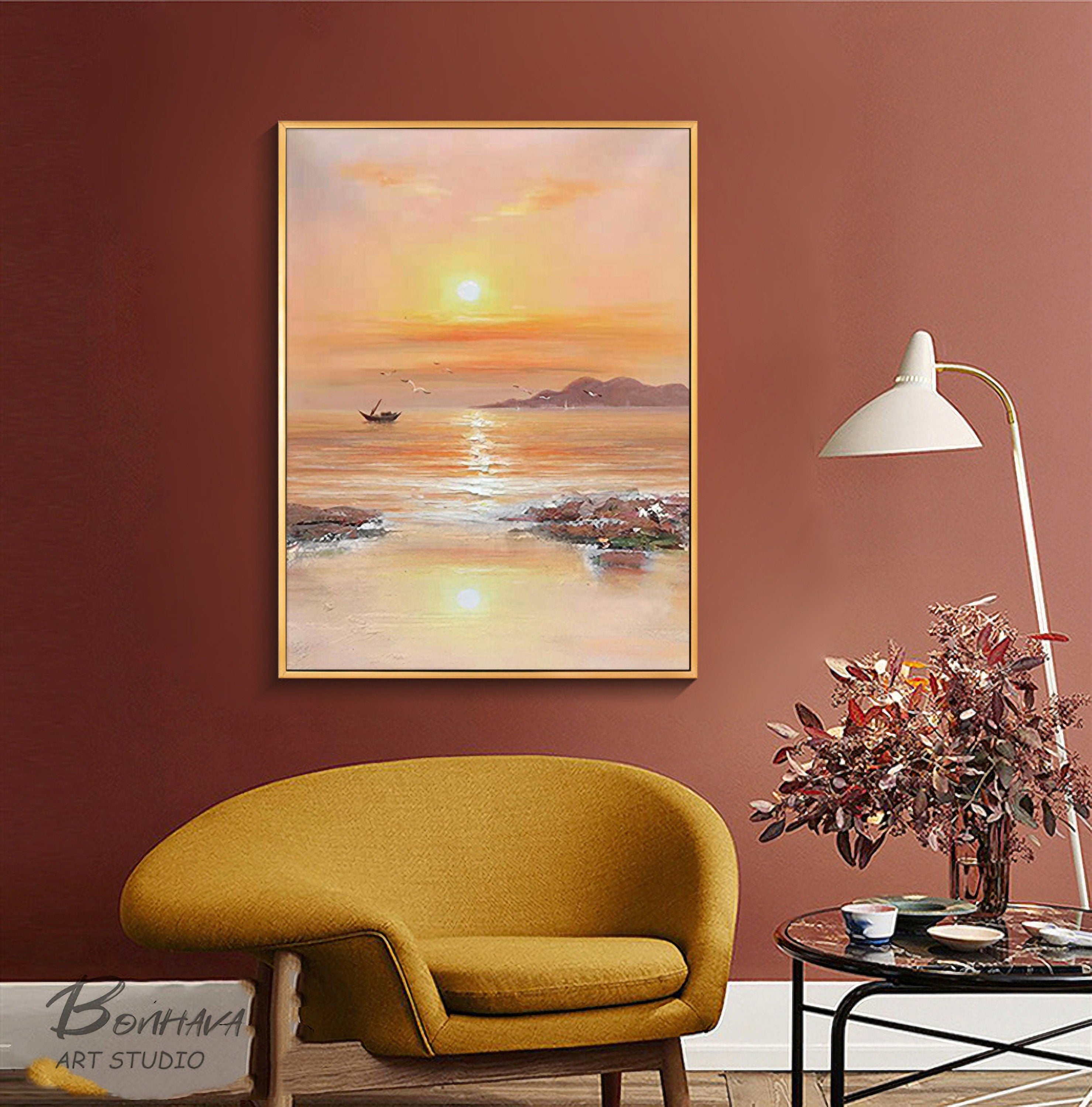 Sea Painting, Large Abstract Painting on Canvas, Large Yellow Abstract Painting, Seascape Oil Painting
