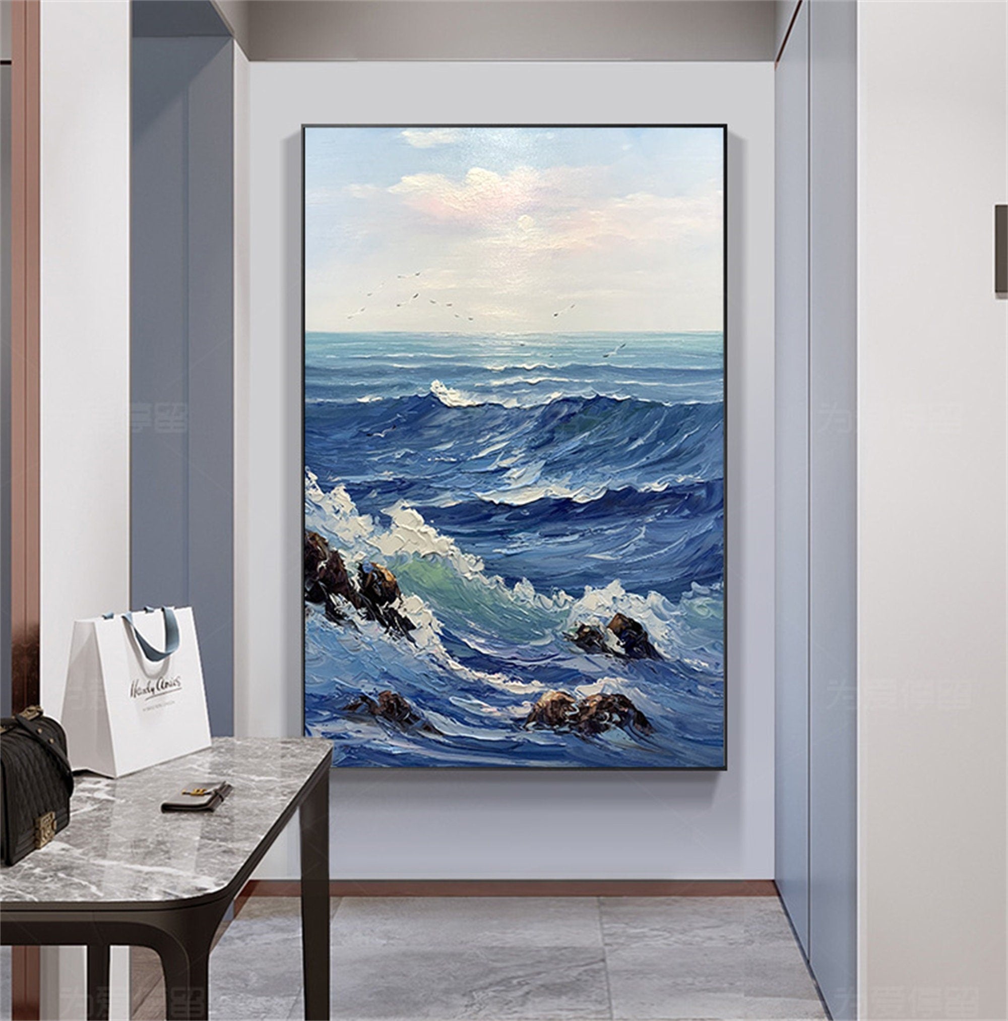 Pure hand-painted oil painting, sea mural, huge wave landscape, sunrise decorative painting, porch vertical plate hanging…