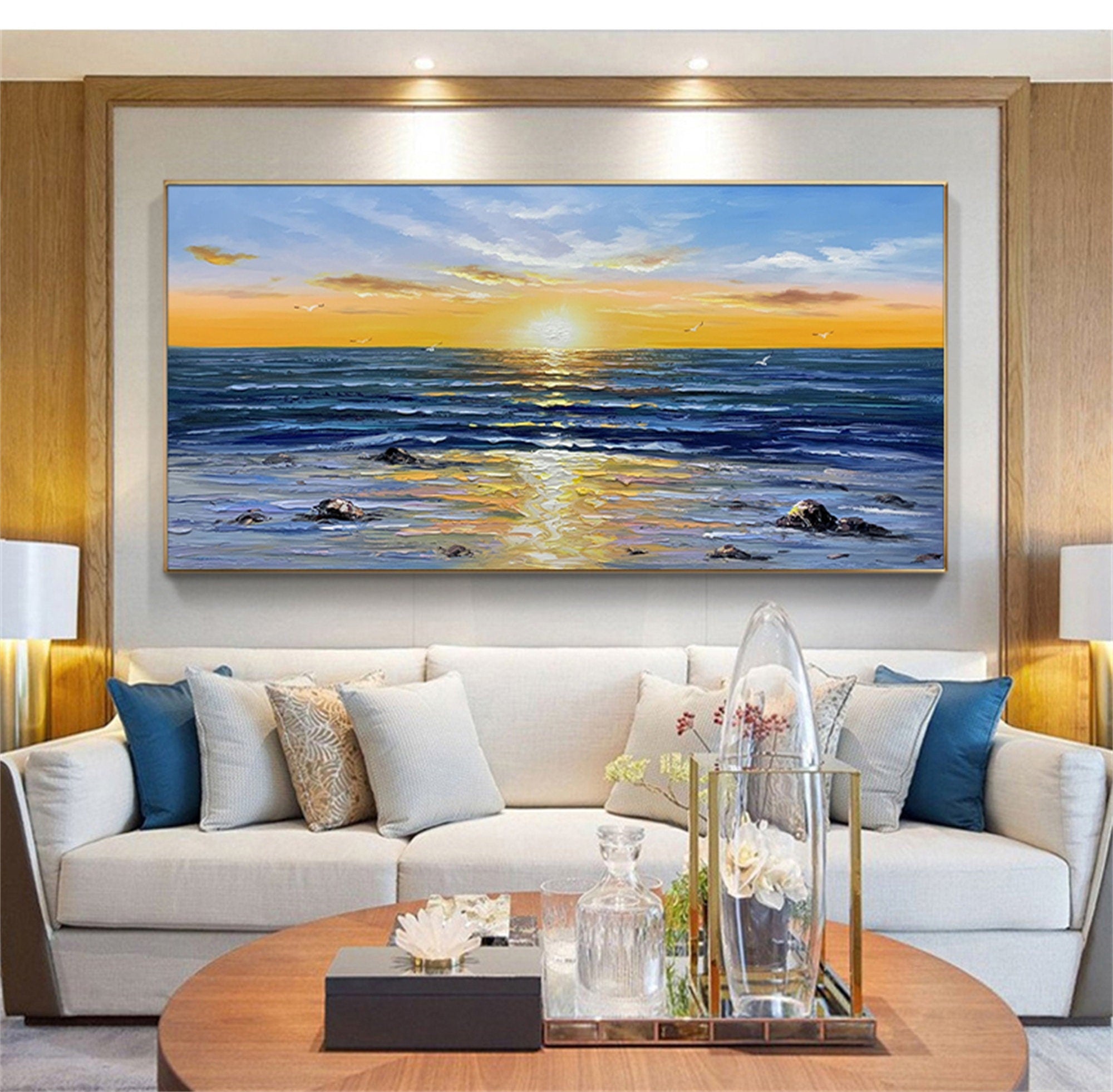 Pure hand-painted oil painting living room horizontal plate hanging painting sea landscape mural Rising Sun Dongsheng…