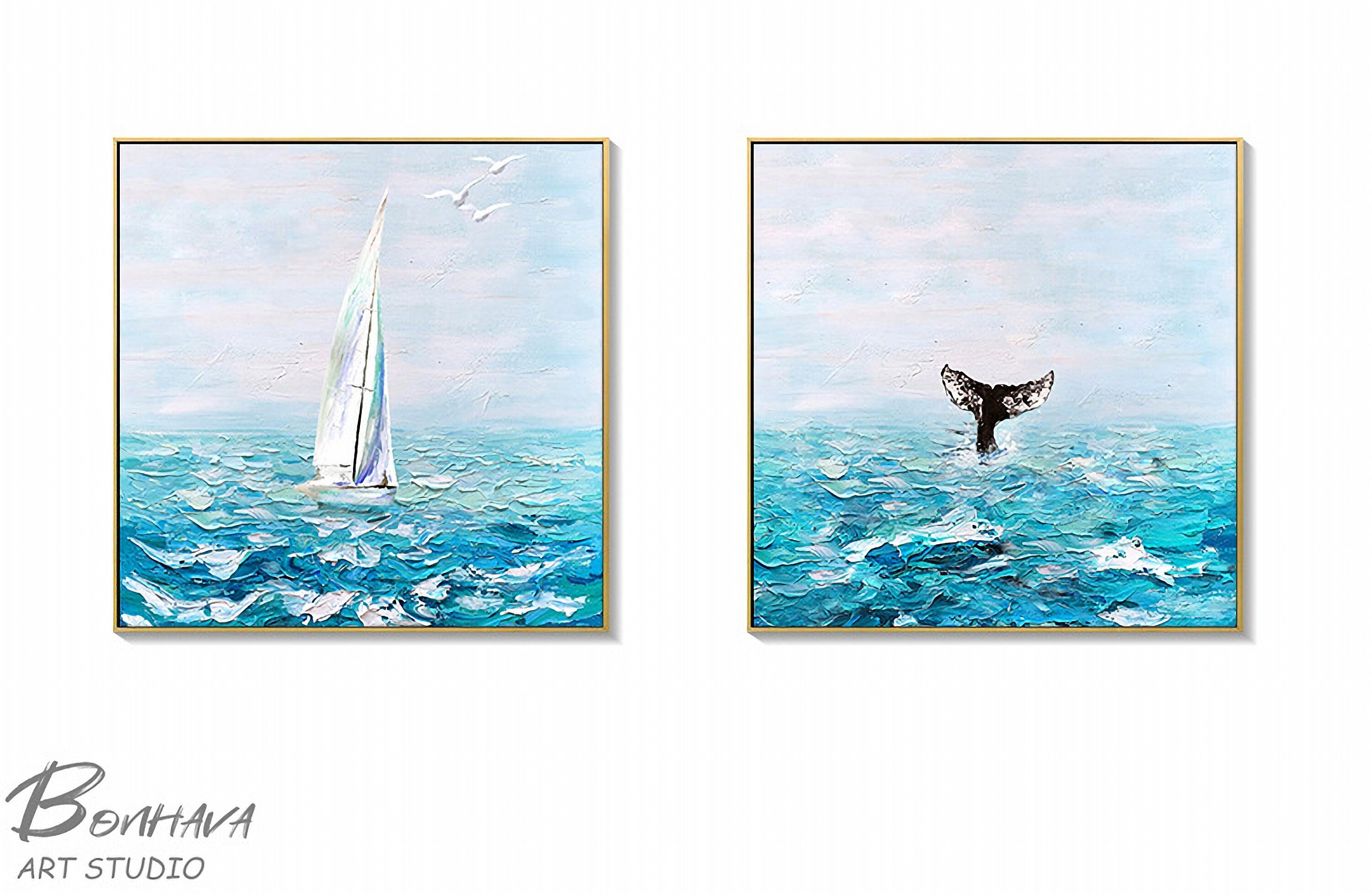 Set of 2 Blue Ocean Painting, Whale and Boat Abstract Painting on Canvas, Seawave Acrylic Painting, Original Seascape Wall…